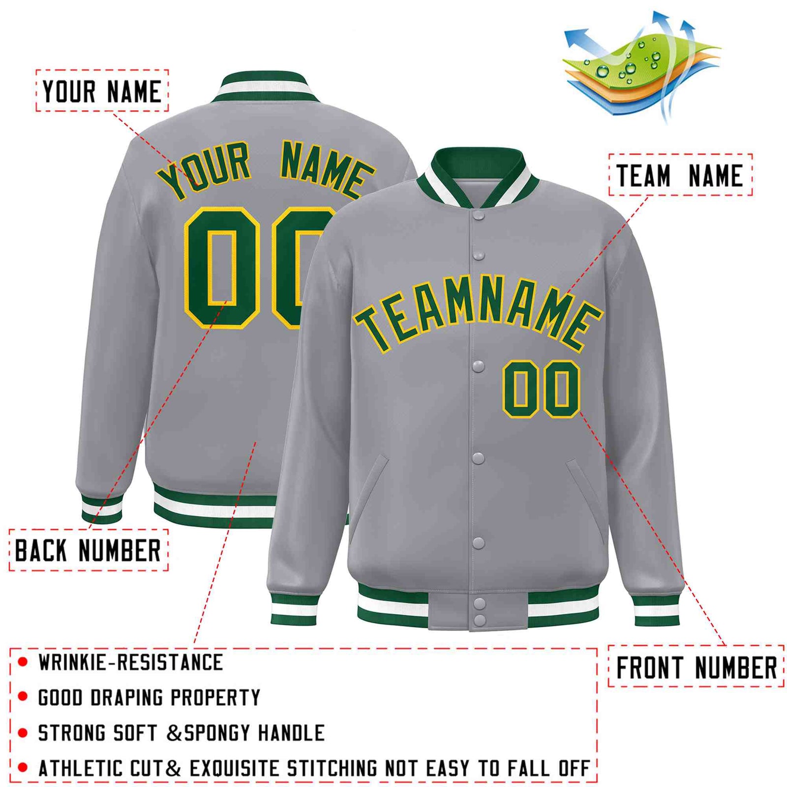 Custom Gray Green-Gold Classic Style Varsity Full-Snap Letterman Jacket