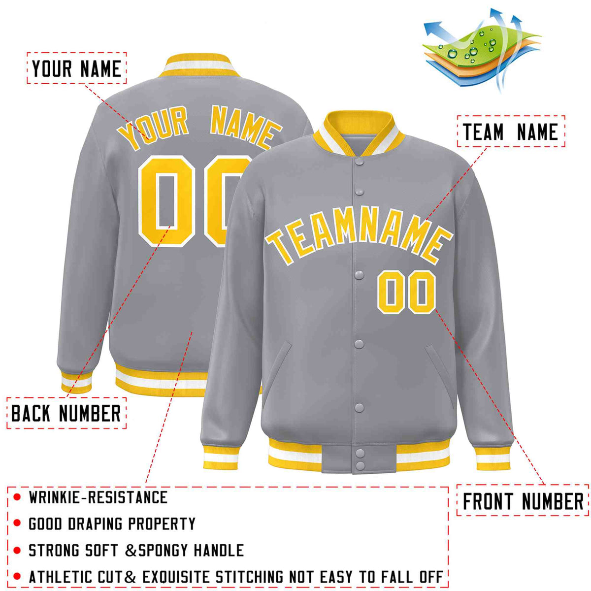 Custom Gray Gold-White Classic Style Varsity Full-Snap Letterman Jacket