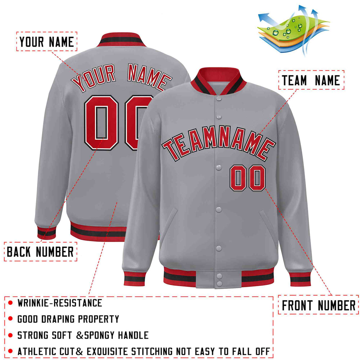 Custom Gray Red-White Classic Style Varsity Full-Snap Letterman Jacket