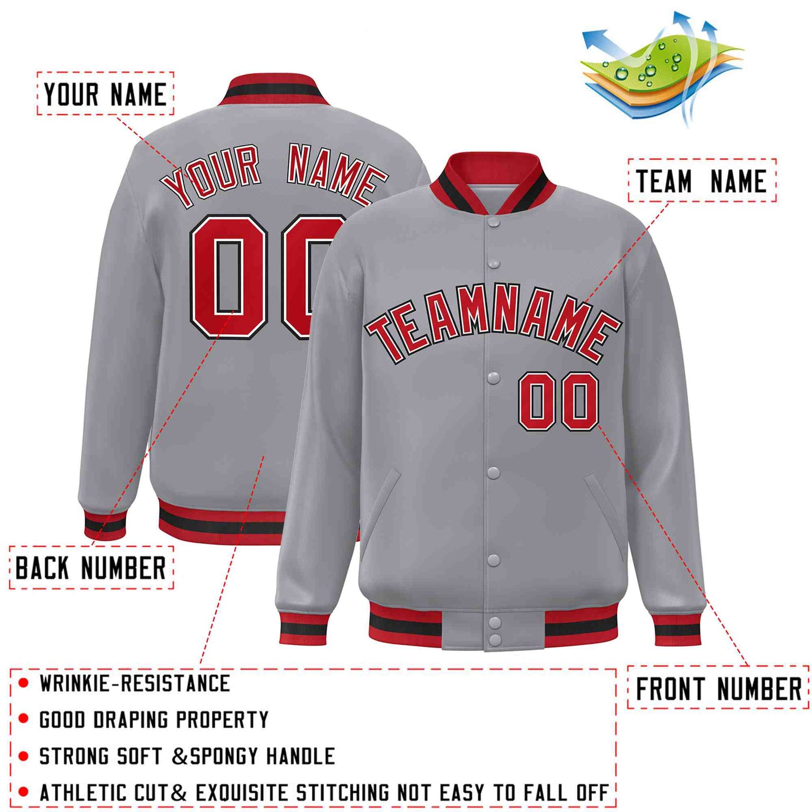 Custom Gray Red-White Classic Style Varsity Full-Snap Letterman Jacket
