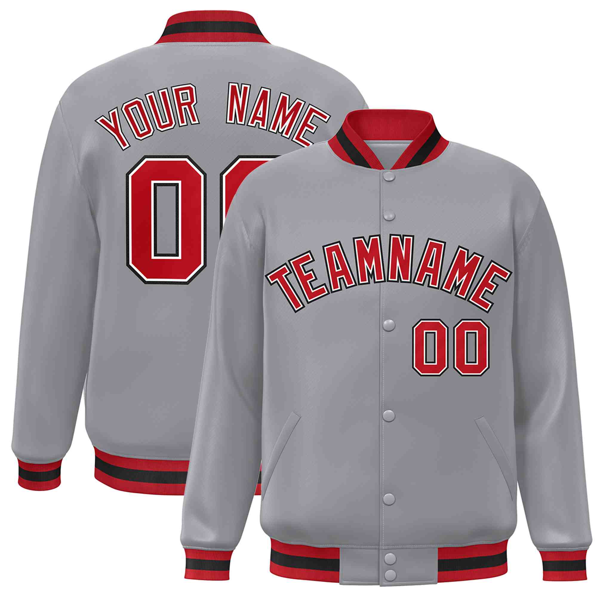 Custom Gray Red-White Classic Style Varsity Full-Snap Letterman Jacket