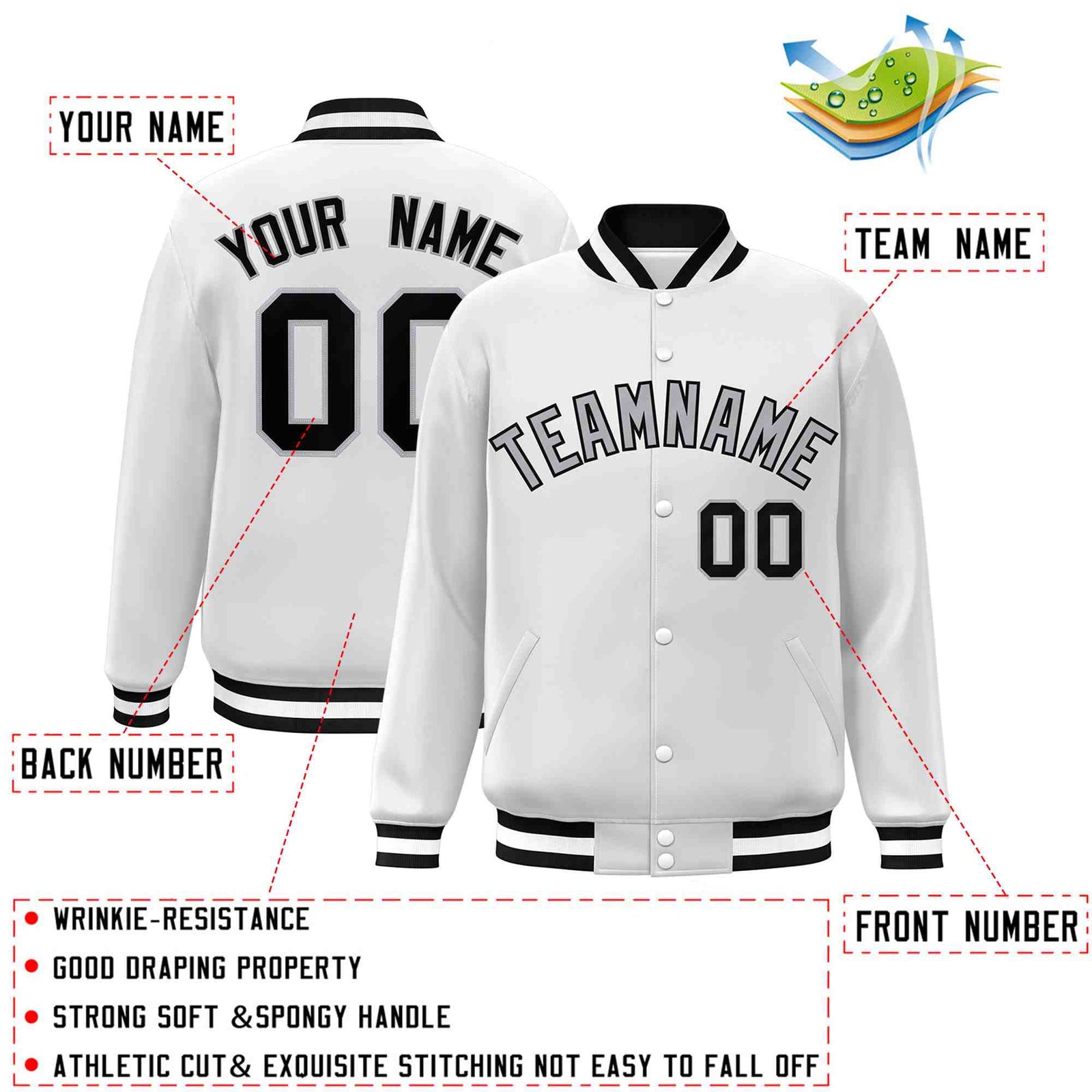 Custom White Gray-Black Classic Style Varsity Full-Snap Letterman Jacket