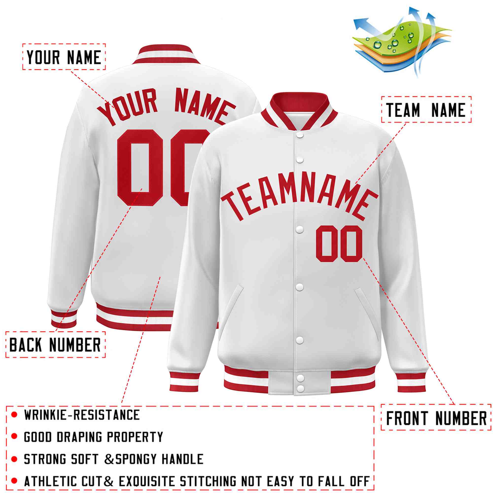 Custom White Red Classic Style Varsity Full-Snap Letterman Jacket