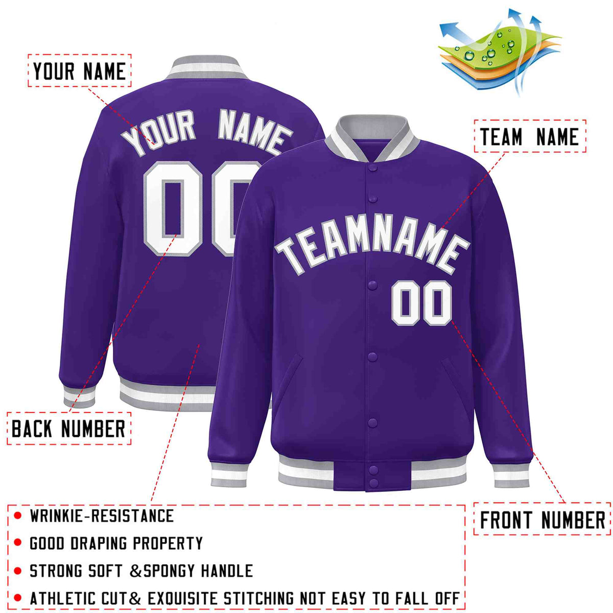 Custom Purple White-Gray Classic Style Varsity Full-Snap Letterman Jacket