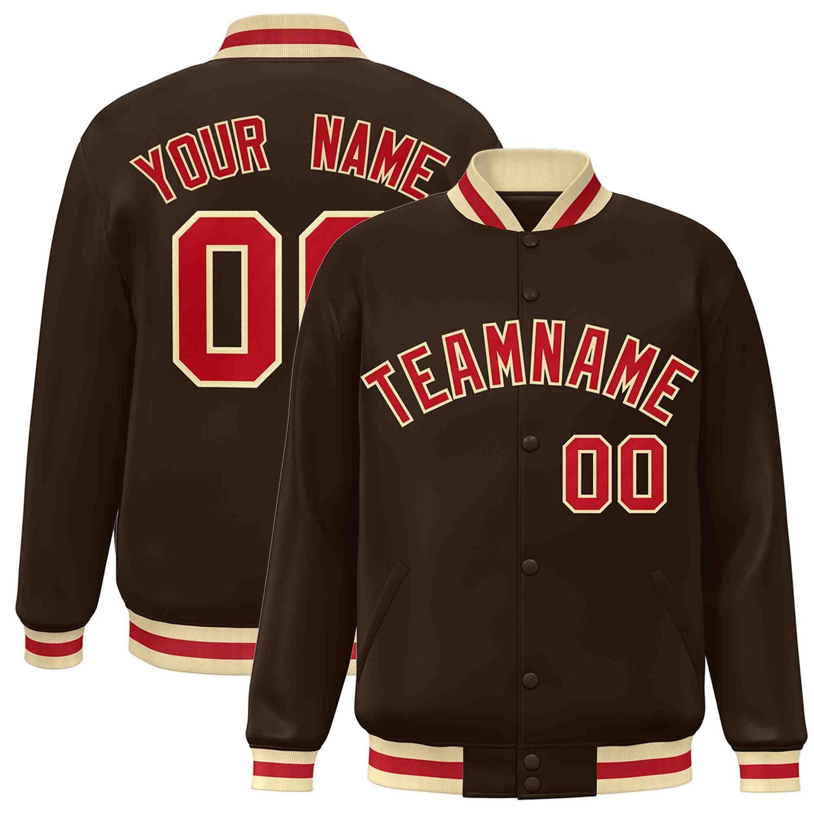 Custom Brown Red-Khaki Classic Style Varsity Full-Snap Letterman Jacket