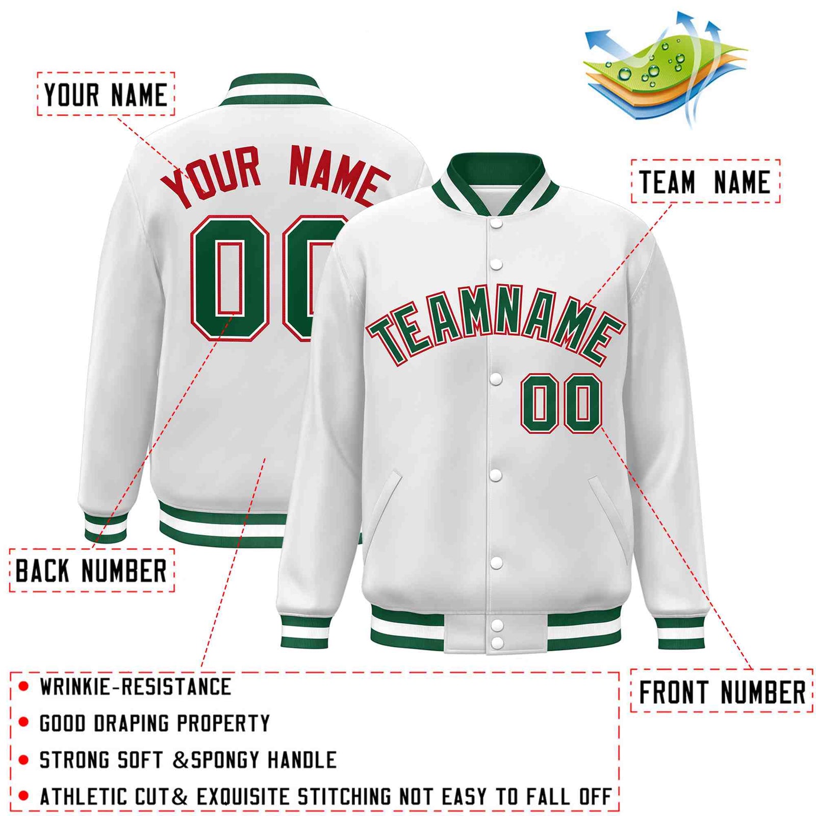 Custom White Green-White Classic Style Varsity Full-Snap Letterman Jacket