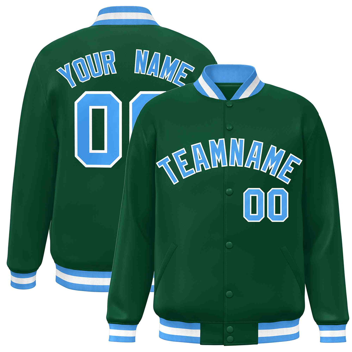 Custom Green Powder Blue-White Classic Style Varsity Full-Snap Letterman Jacket