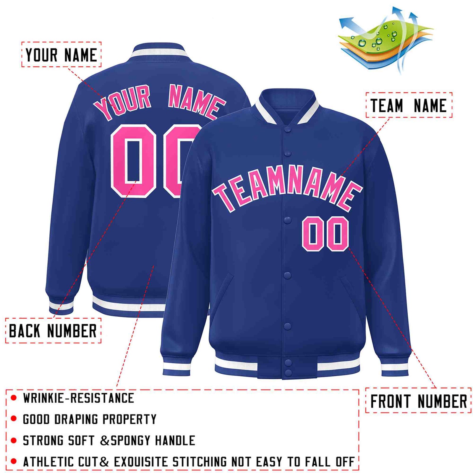 Custom Royal Pink-White Classic Style Varsity Full-Snap Letterman Jacket