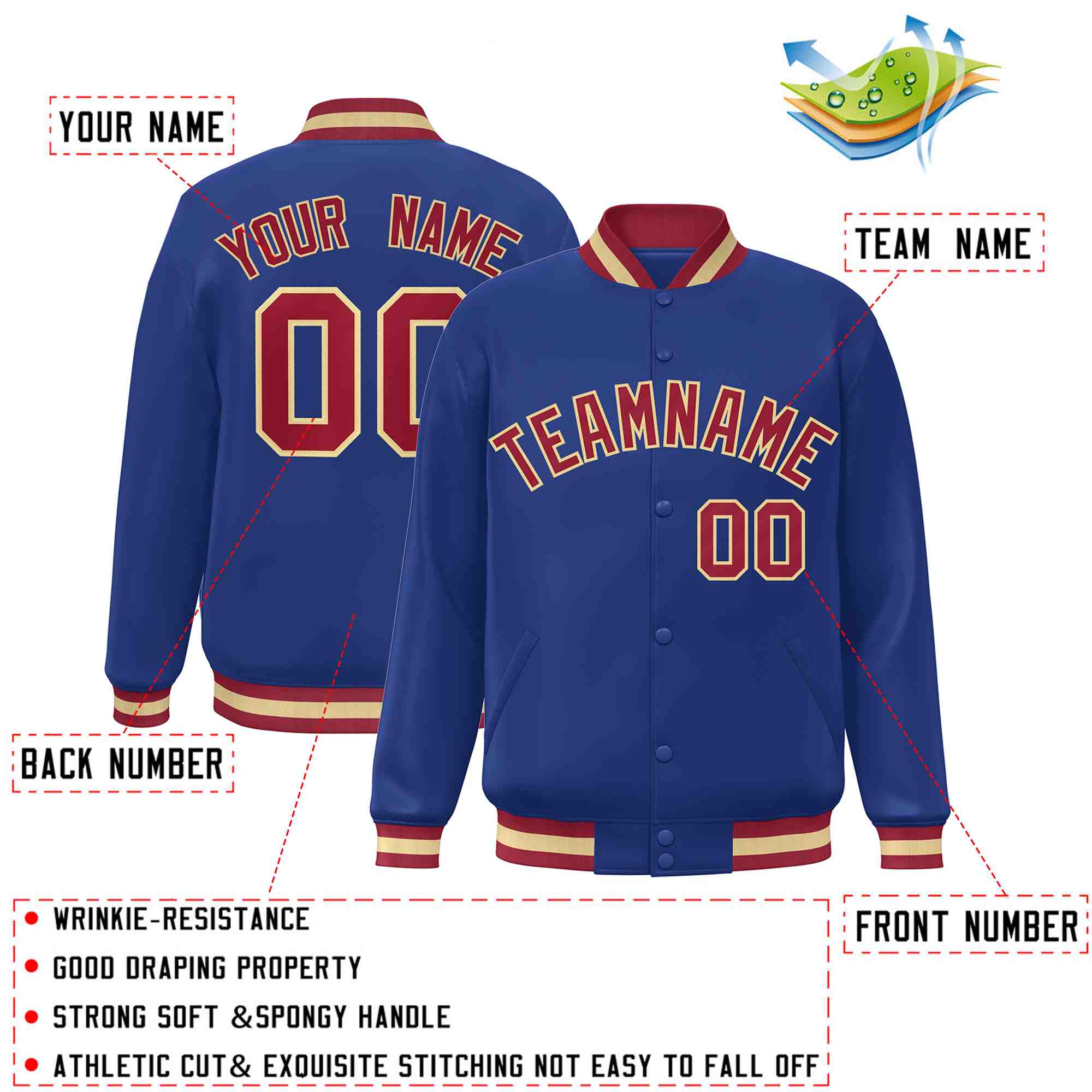 Custom Royal Crimson-Khaki Classic Style Varsity Full-Snap Letterman Jacket