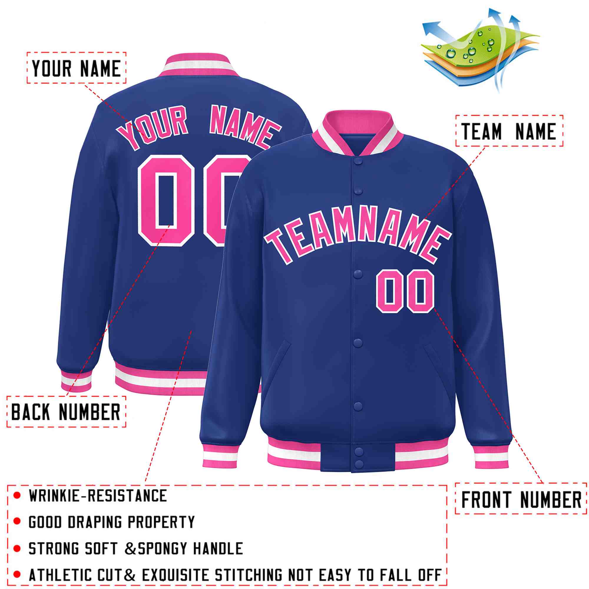 Custom Royal Pink-White Classic Style Varsity Full-Snap Letterman Jacket