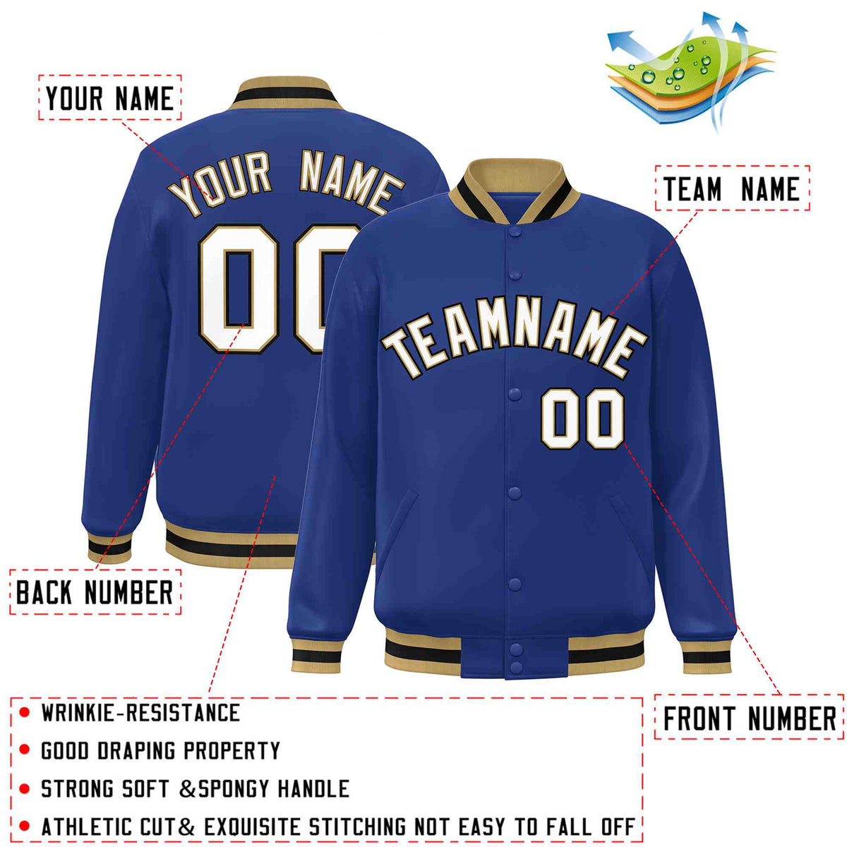 Custom Royal White-Old Gold Classic Style Varsity Full-Snap Letterman Jacket