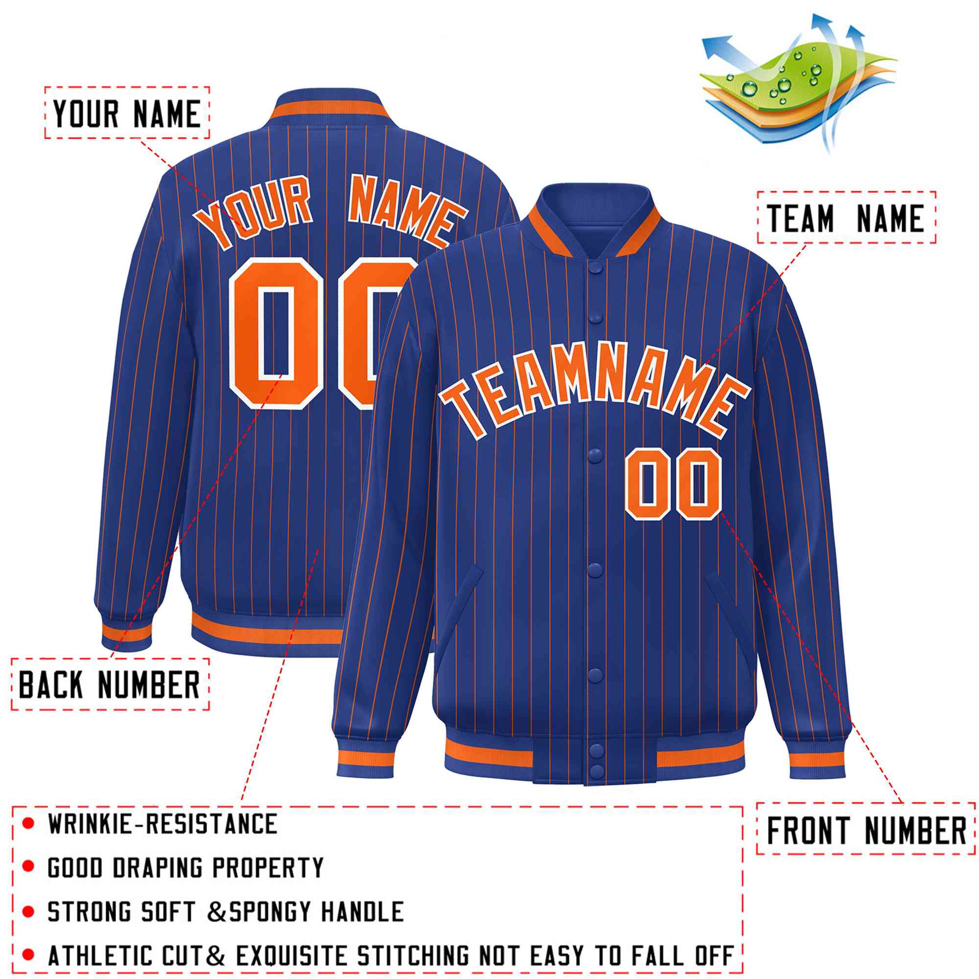 Custom Royal Orange-White Personalized Stripe Fashion Letterman Bomber Varsity Jacket