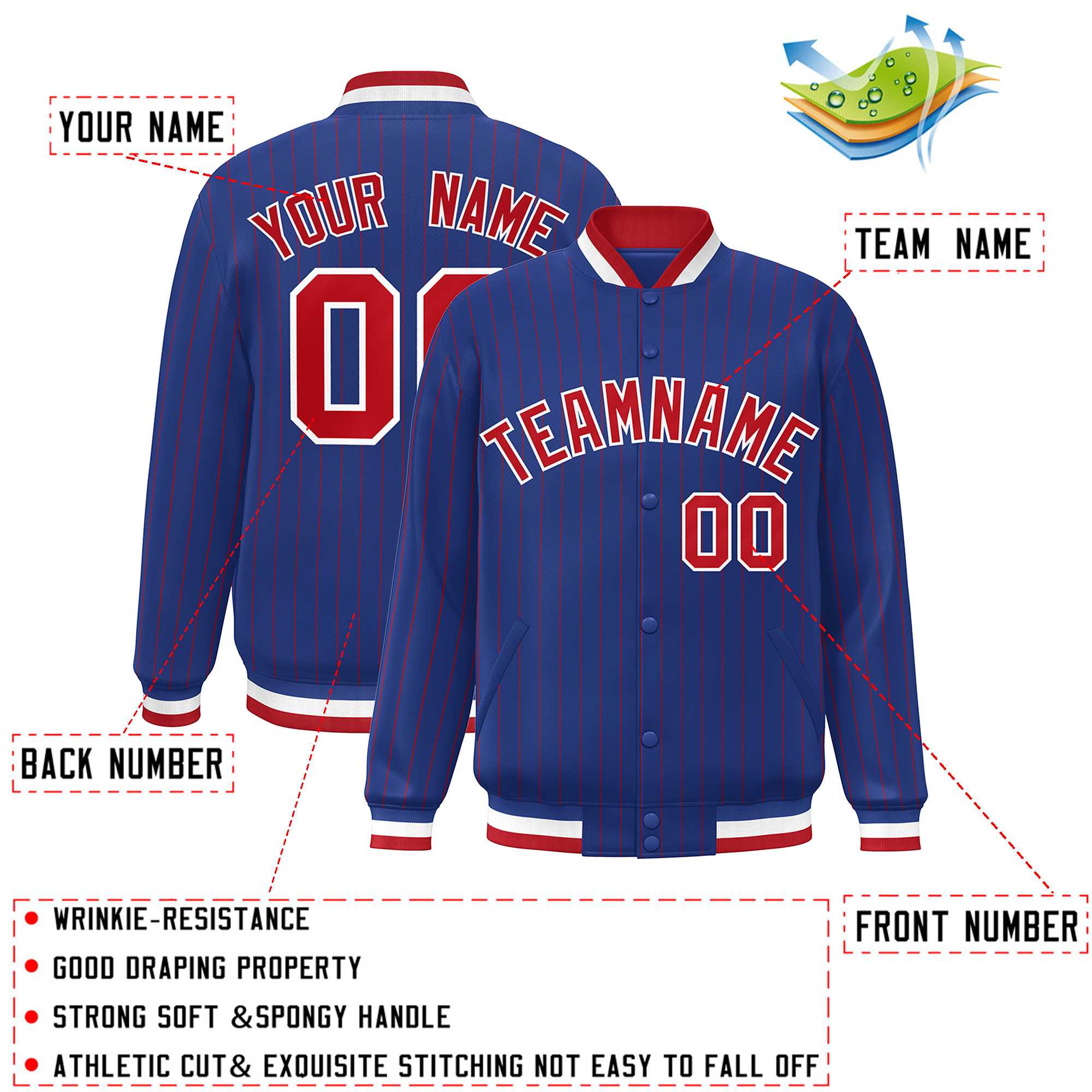 Custom Royal Red-White Personalized Stripe Fashion Letterman Bomber Varsity Jacket