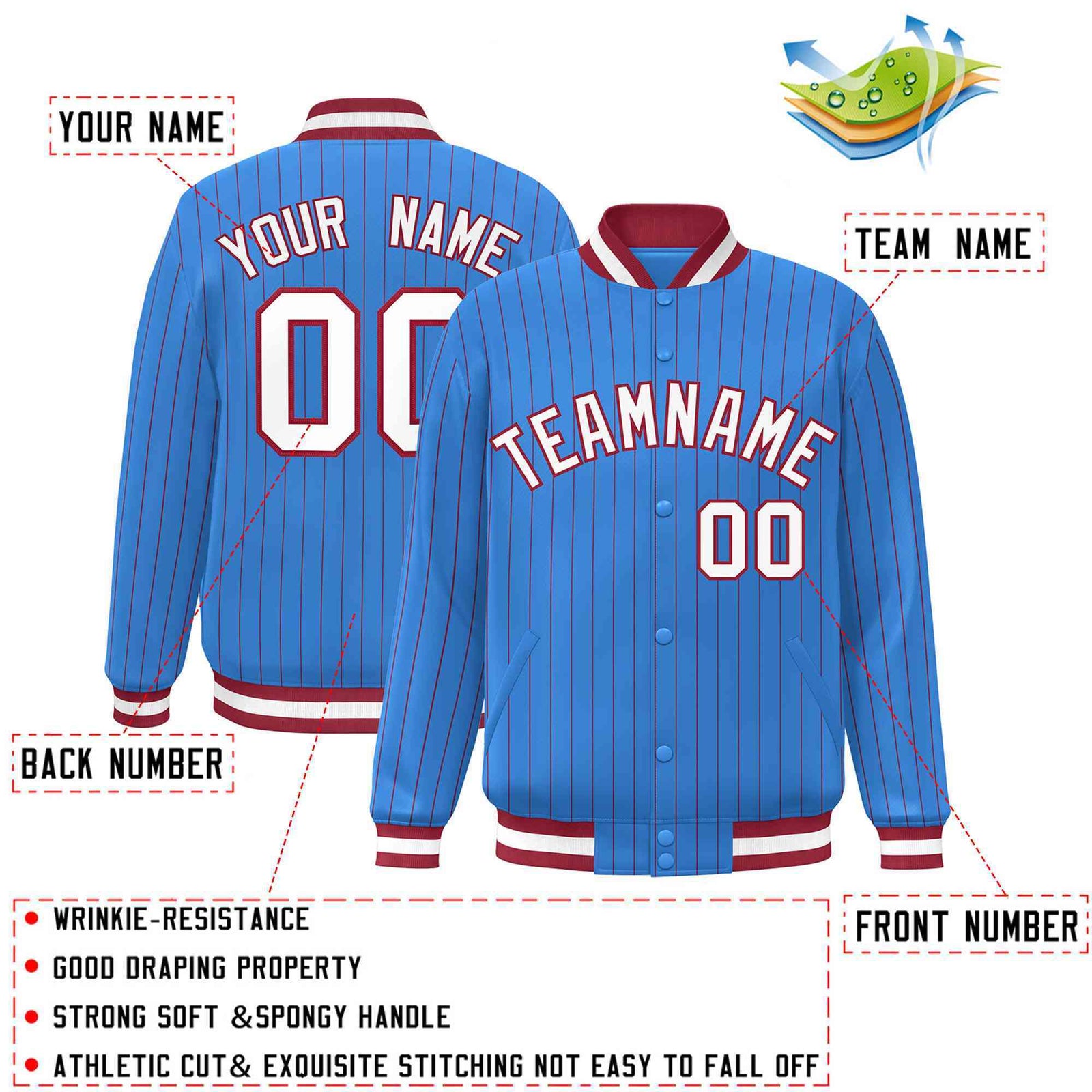 Custom Powder Blue White-Red Personalized Stripe Fashion Letterman Bomber Varsity Jacket