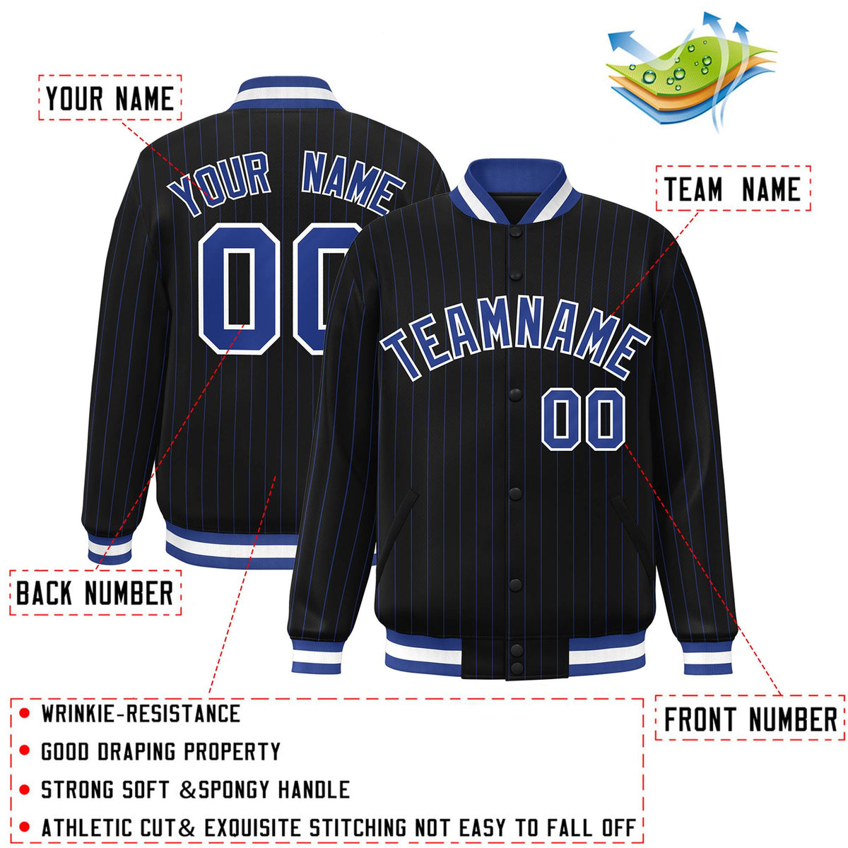 Custom Black Royal-White Personalized Letterman Stripe Fashion Baseball  Jacket