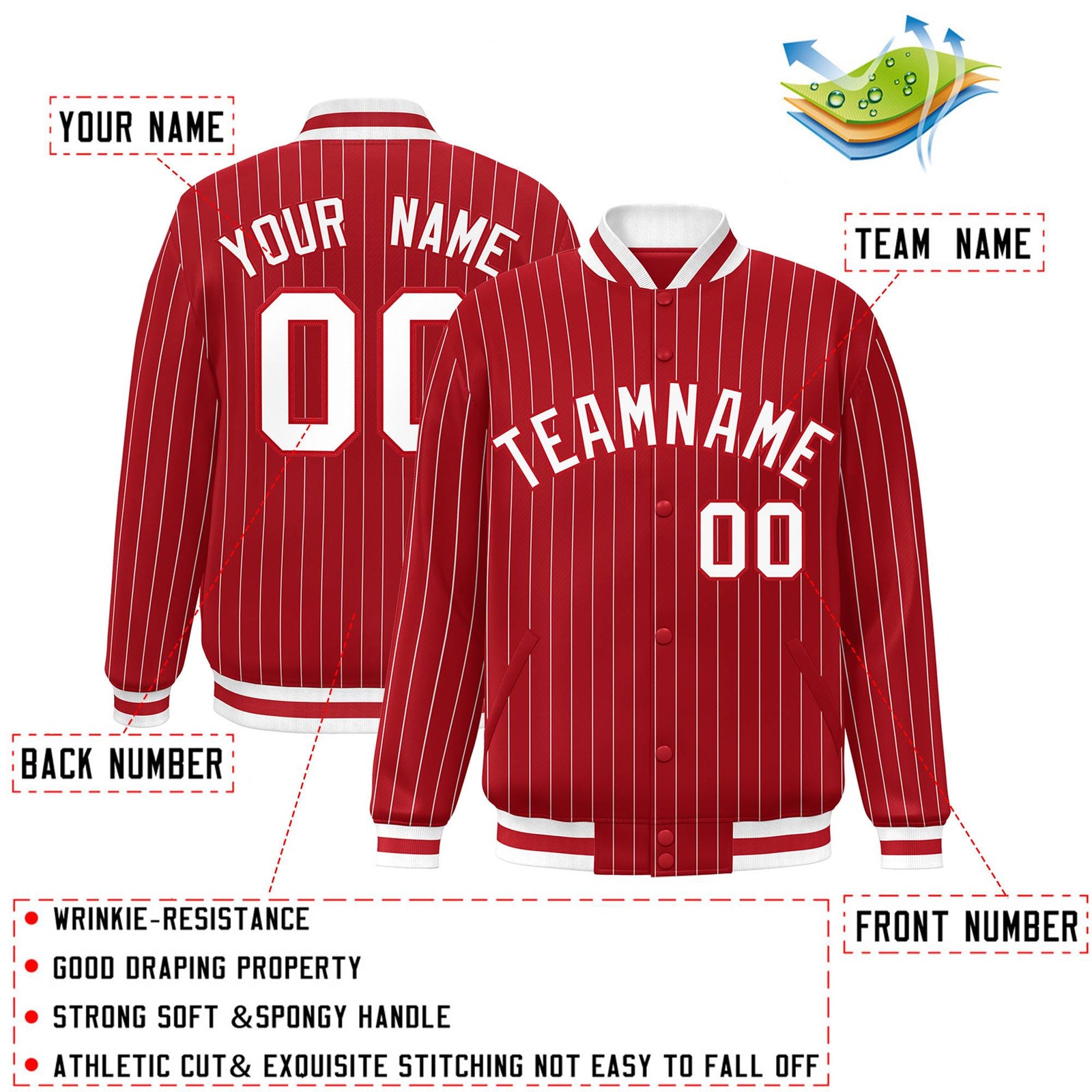 Custom Red White Red-White Personalized Stripe Fashion Letterman Bomber Varsity Jacket