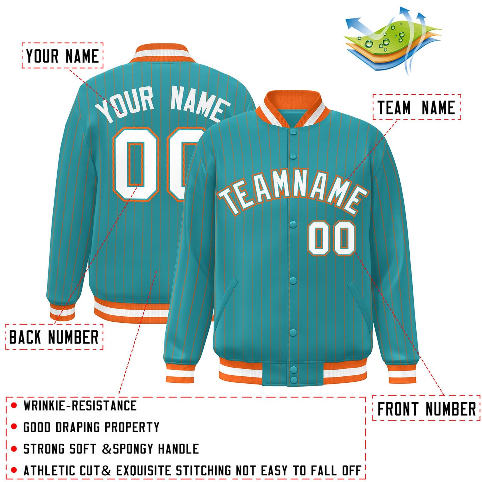 Custom Aqua White-Orange Personalized Stripe Fashion Bomber  Baseball Jacket
