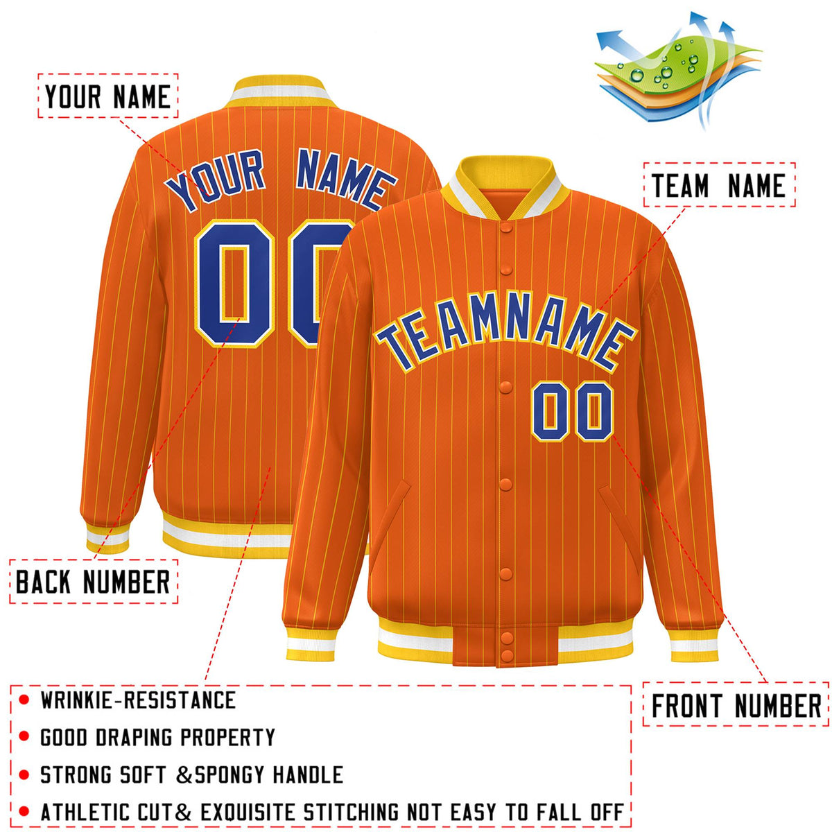 Custom Orange Royal-Gold Personalized Stripe Fashion Letterman Bomber Varsity Jacket