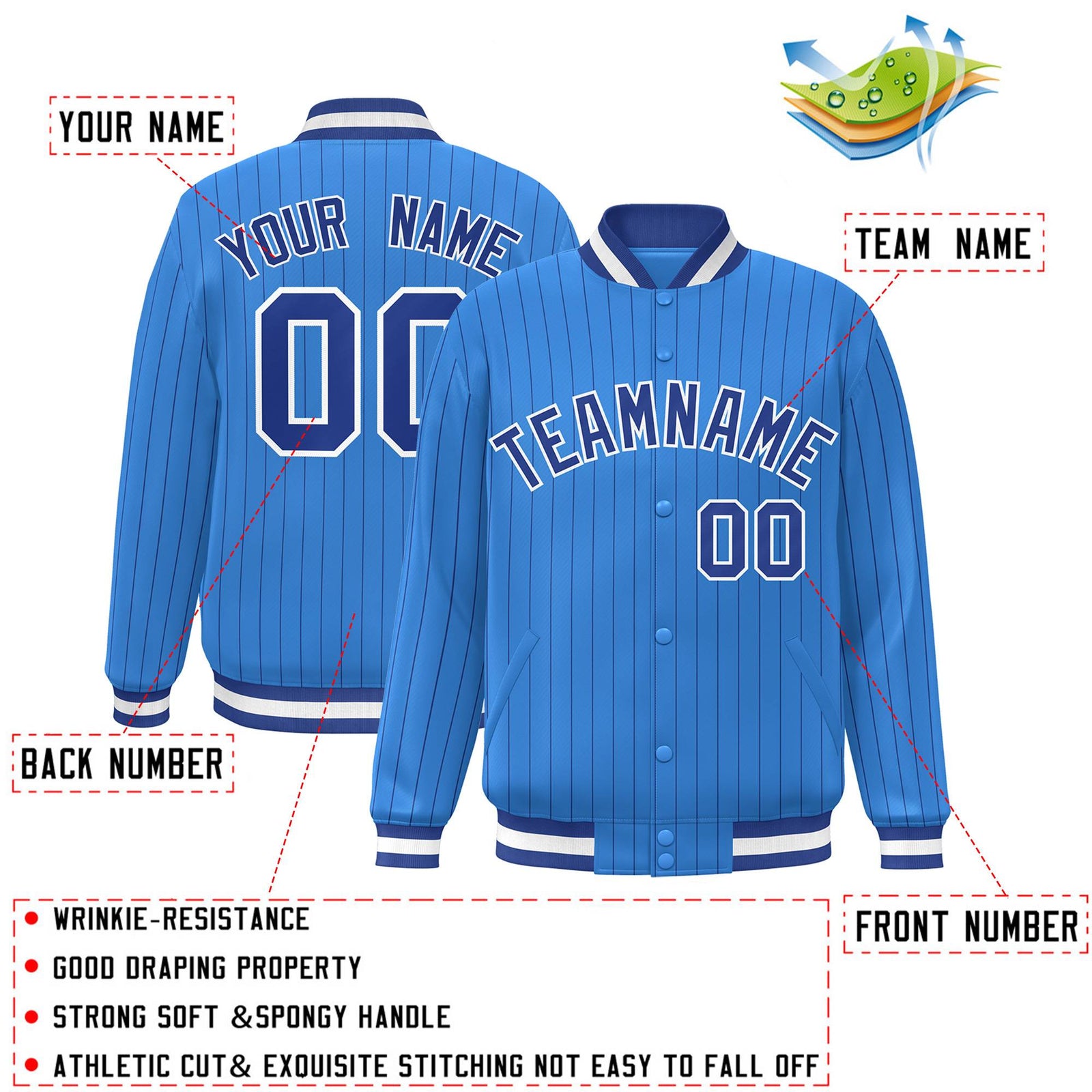 Custom Powder Blue Royal-White Personalized Stripe Fashion Letterman Bomber Varsity Jacket
