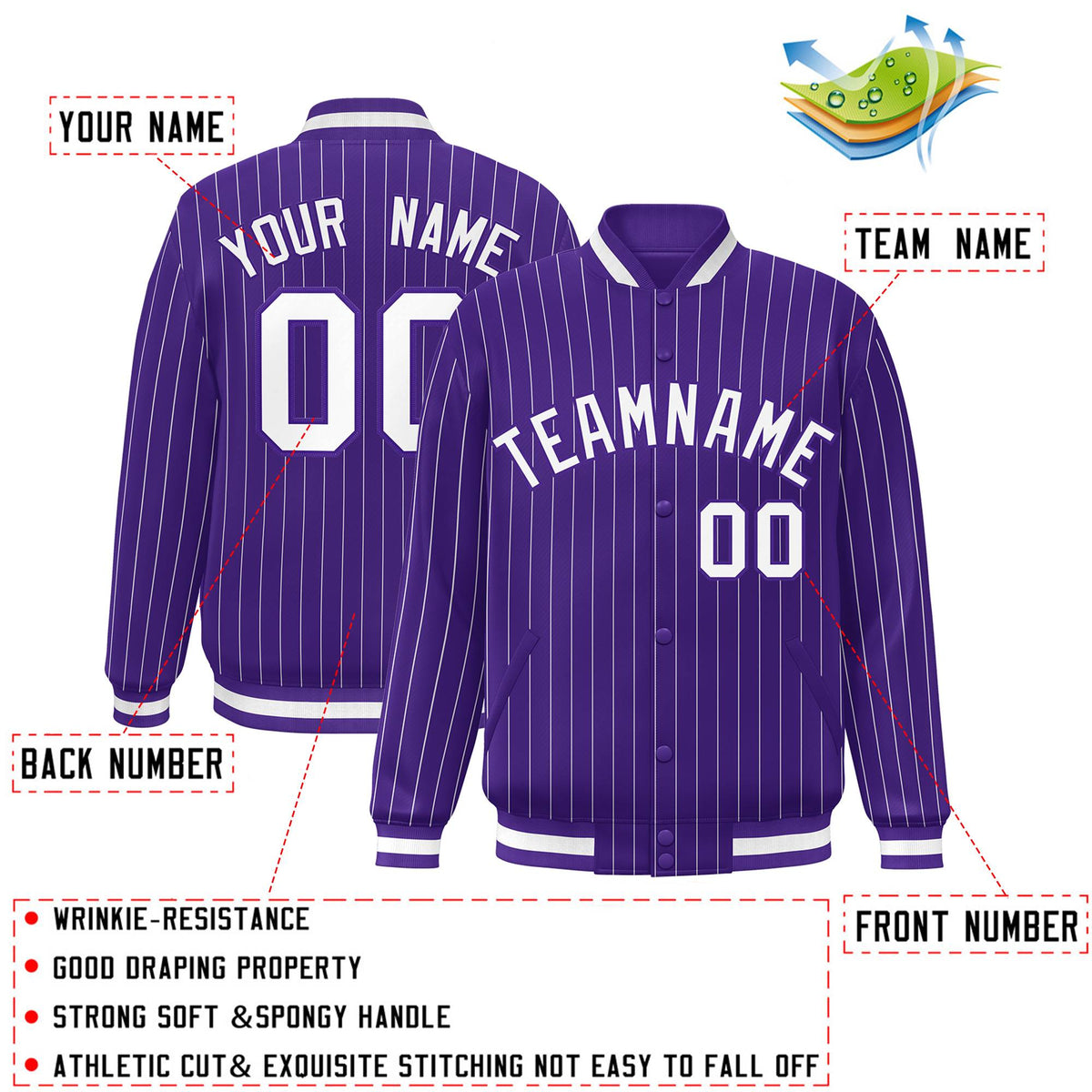 Custom Purple White Personalized Stripe Fashion Letterman Bomber Varsity Jacket