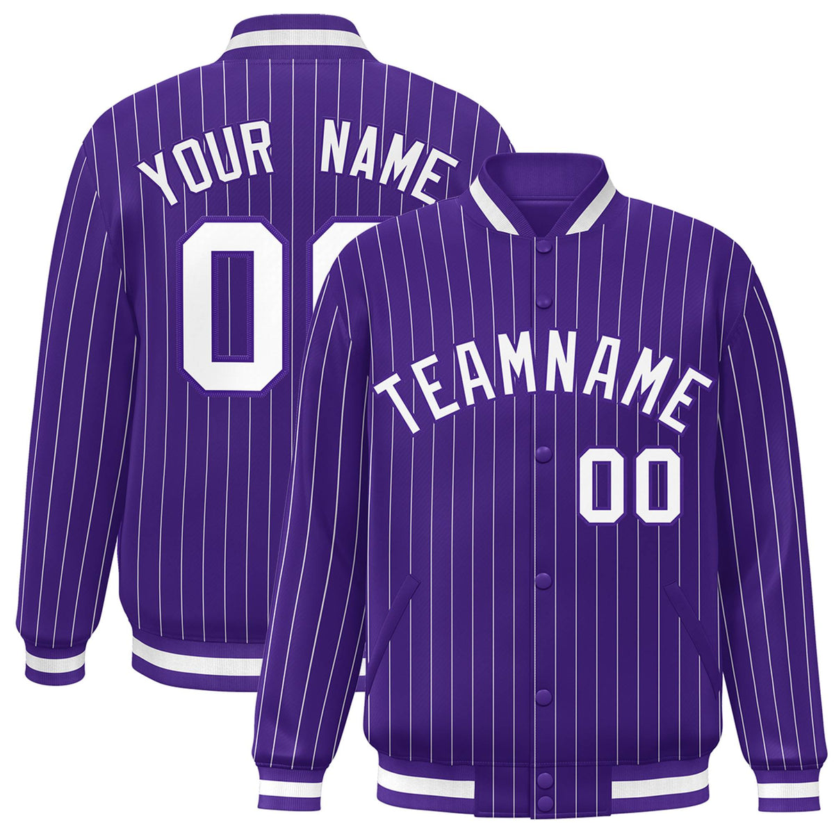 Custom Purple White Personalized Stripe Fashion Letterman Bomber Varsity Jacket