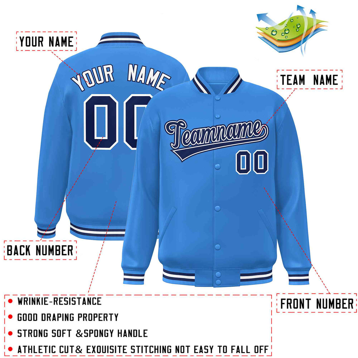 Custom Powder Blue Navy-White Classic Style Varsity Full-Snap Letterman Jacket