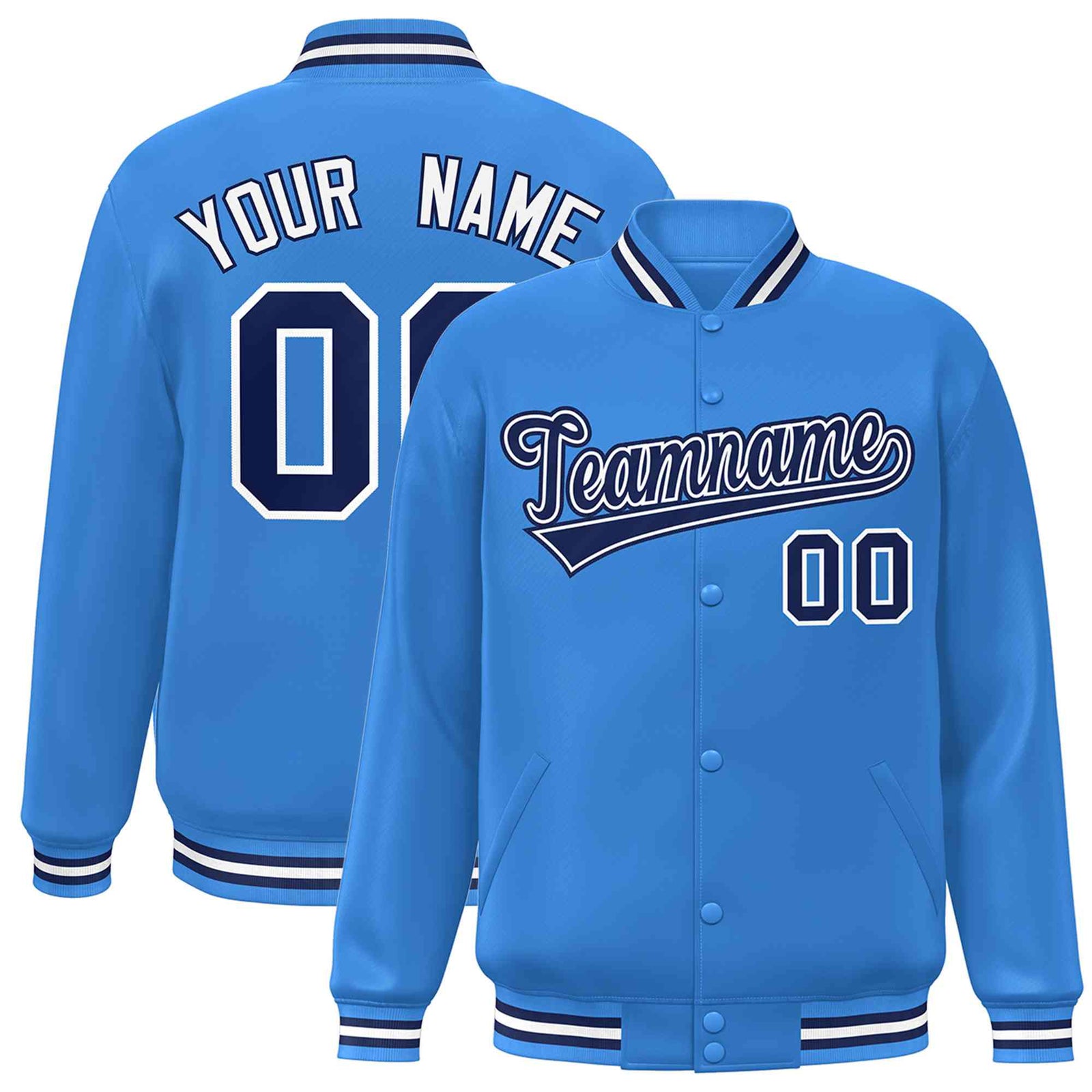 Custom Powder Blue Navy-White Classic Style Varsity Full-Snap Letterman Jacket