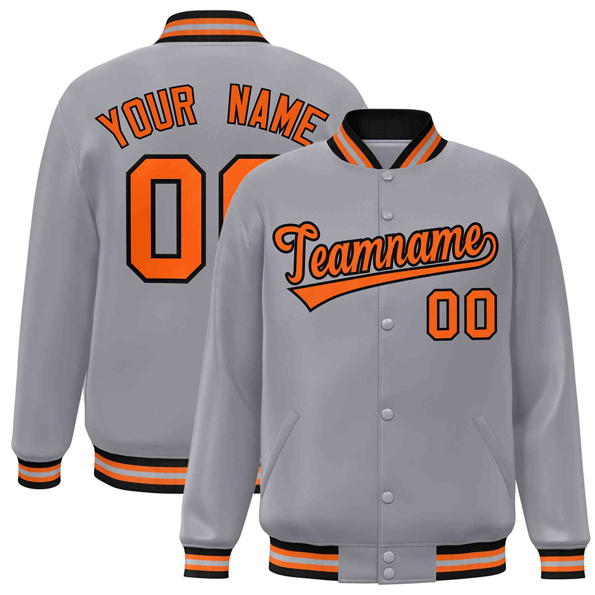 Custom Gray Orange-Black Classic Style Varsity Full-Snap Letterman Jacket