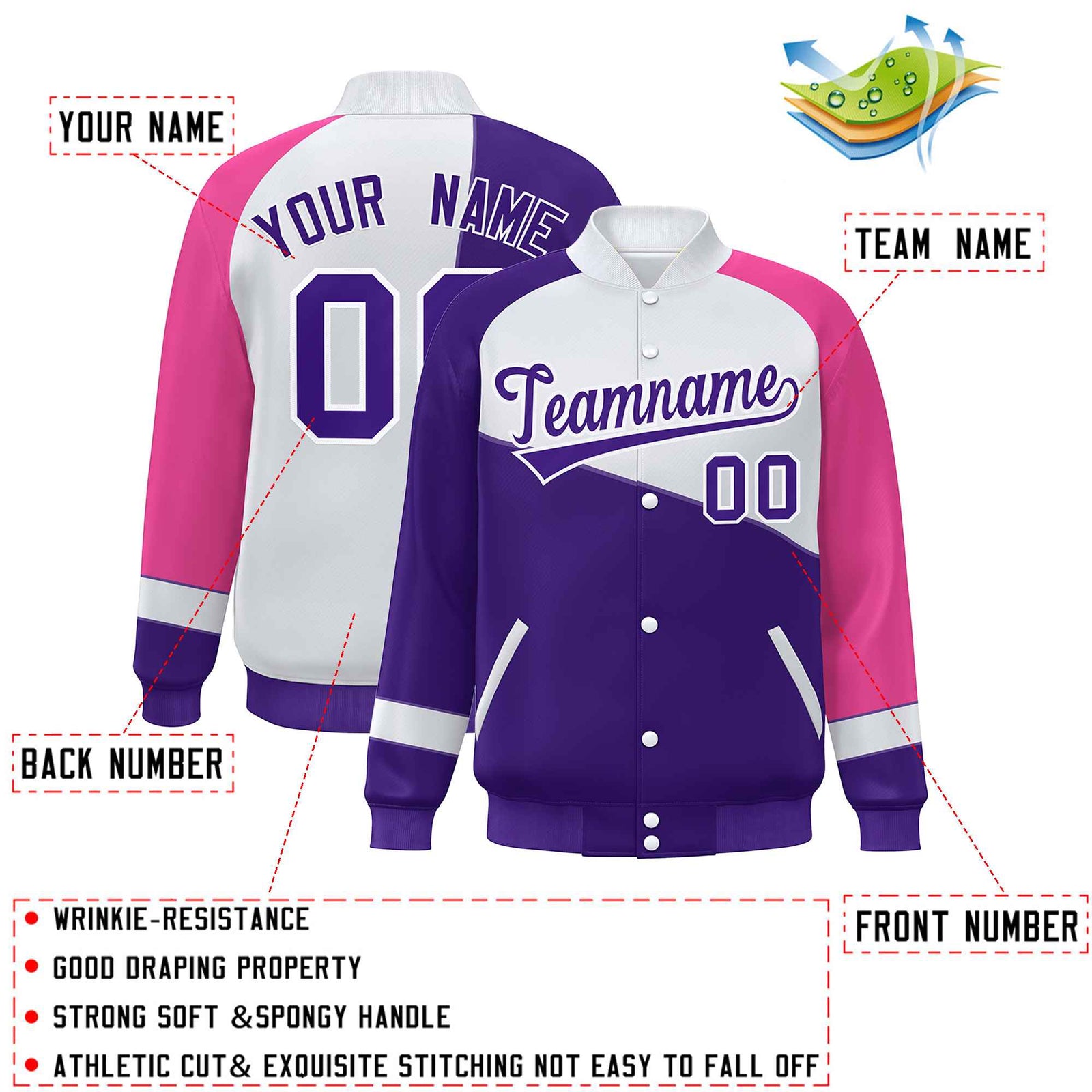 Custom Purple White-Pink Color Block Bomber Varsity Full-Snap Baseball Jacket
