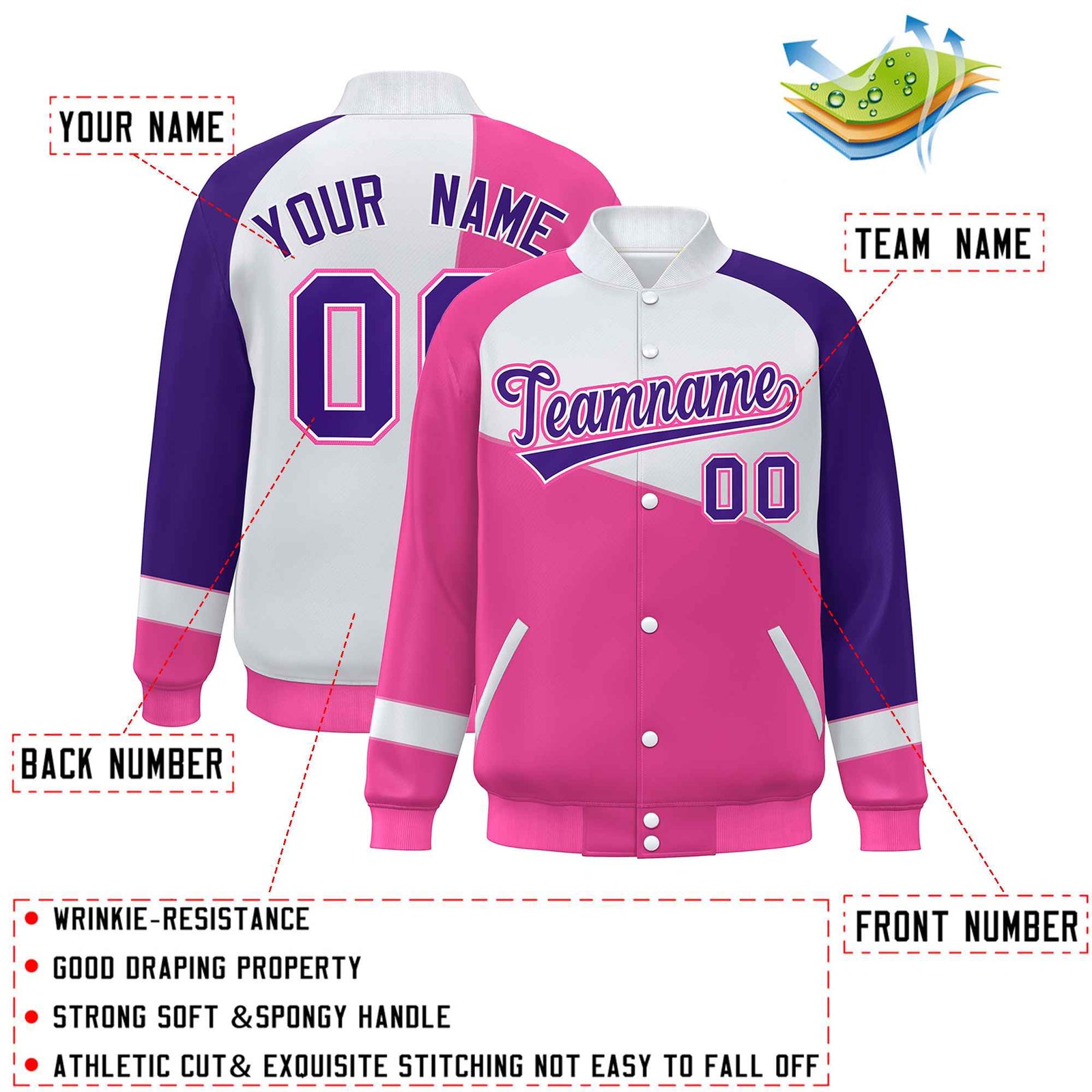 Custom Pink White-Purple Color Block Bomber Varsity Full-Snap Baseball Jacket