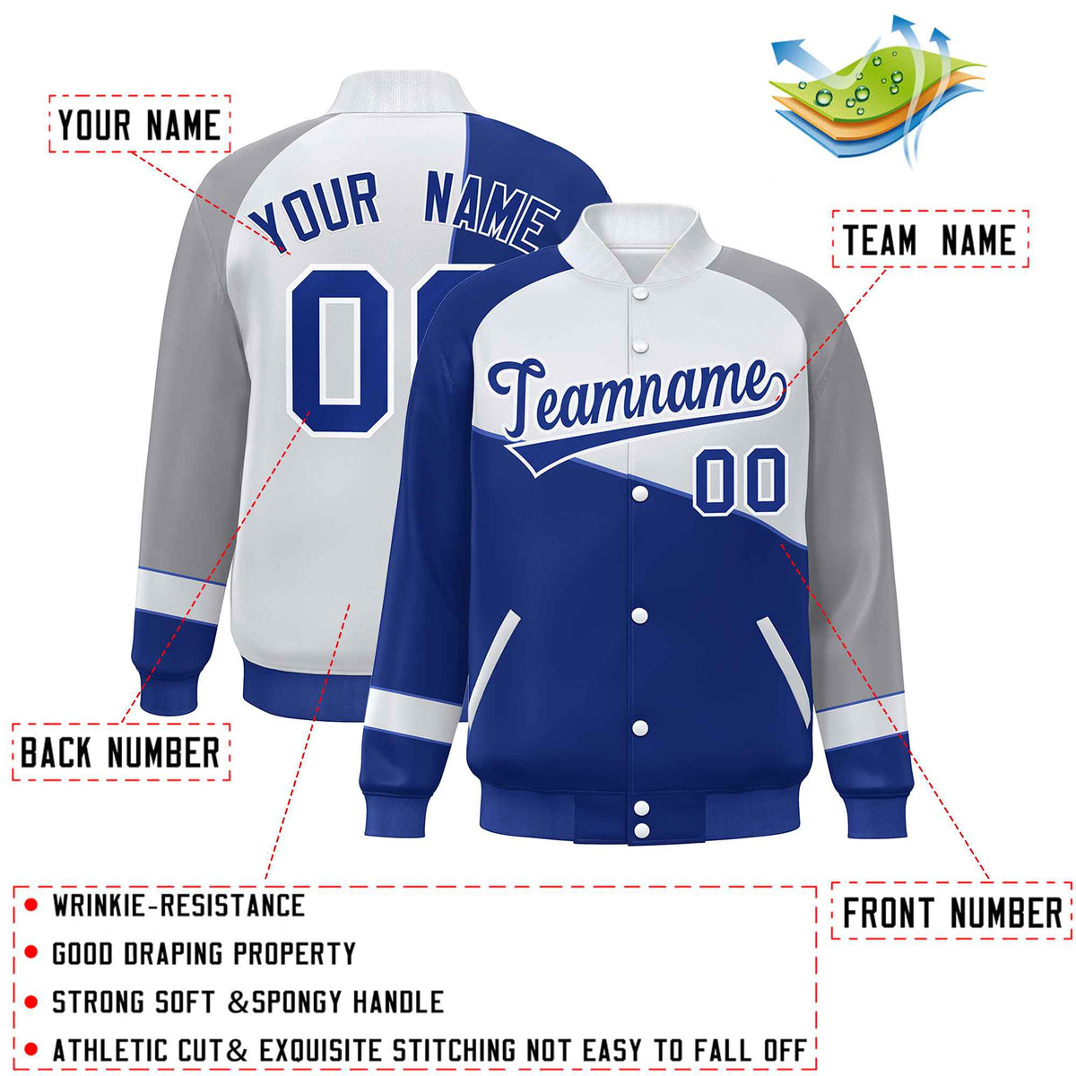 Custom Royal White-Gray Color Block Bomber Varsity Full-Snap Baseball Jacket