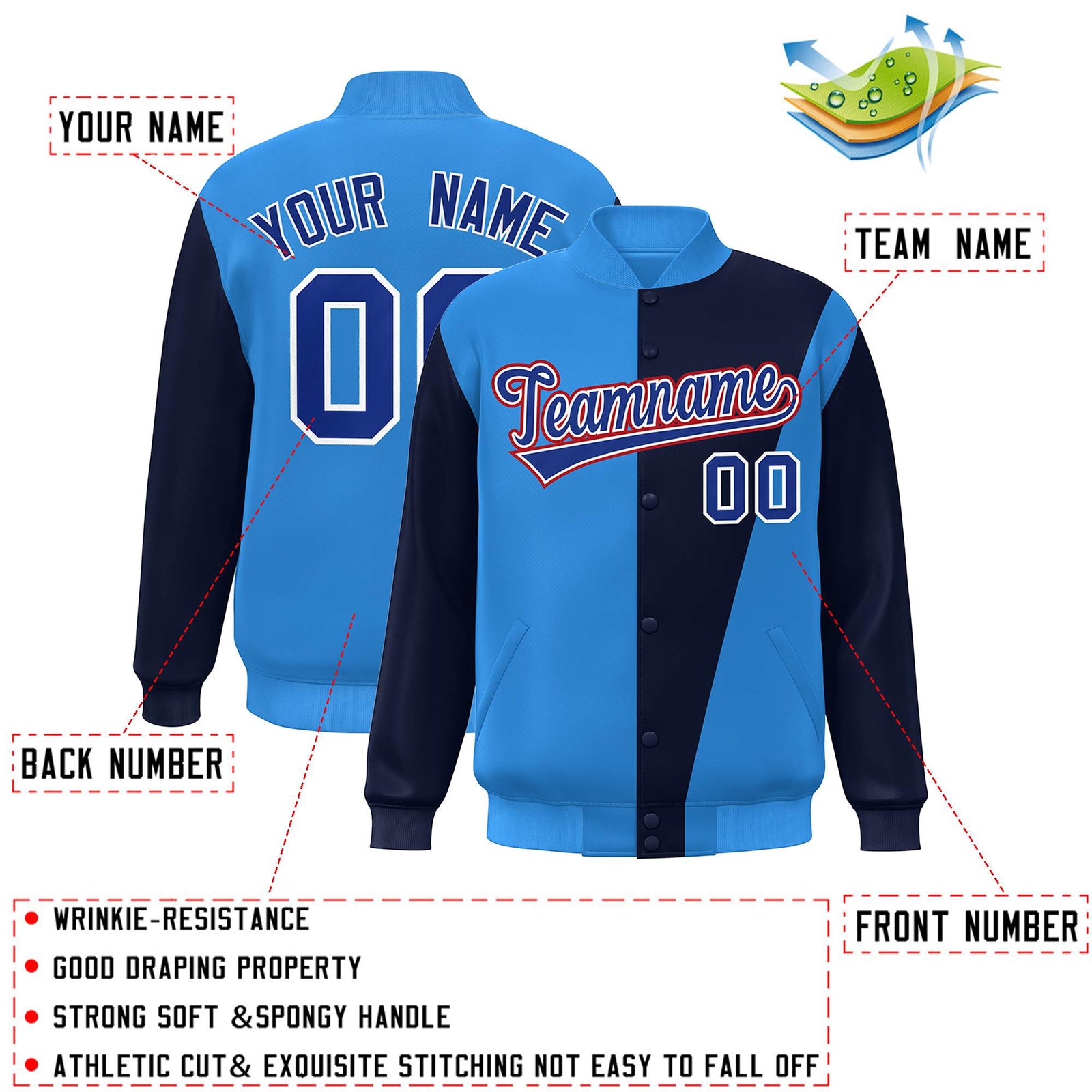 Custom Powder Blue Navy-Royal Color Block Varsity Full-Snap Bomber Jacket