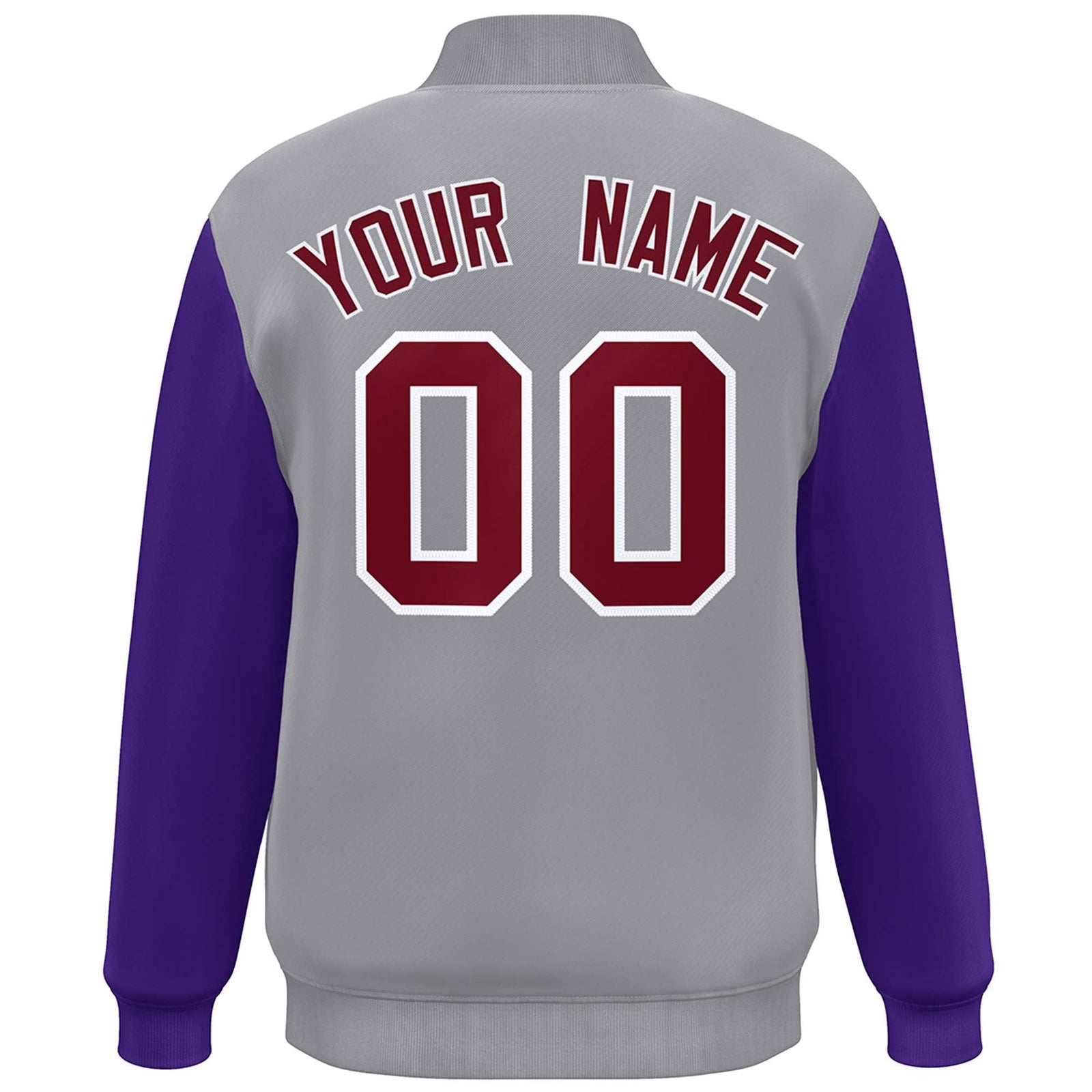 Custom Gray Purple-Crimson Color Block Varsity Full-Snap Bomber Jacket