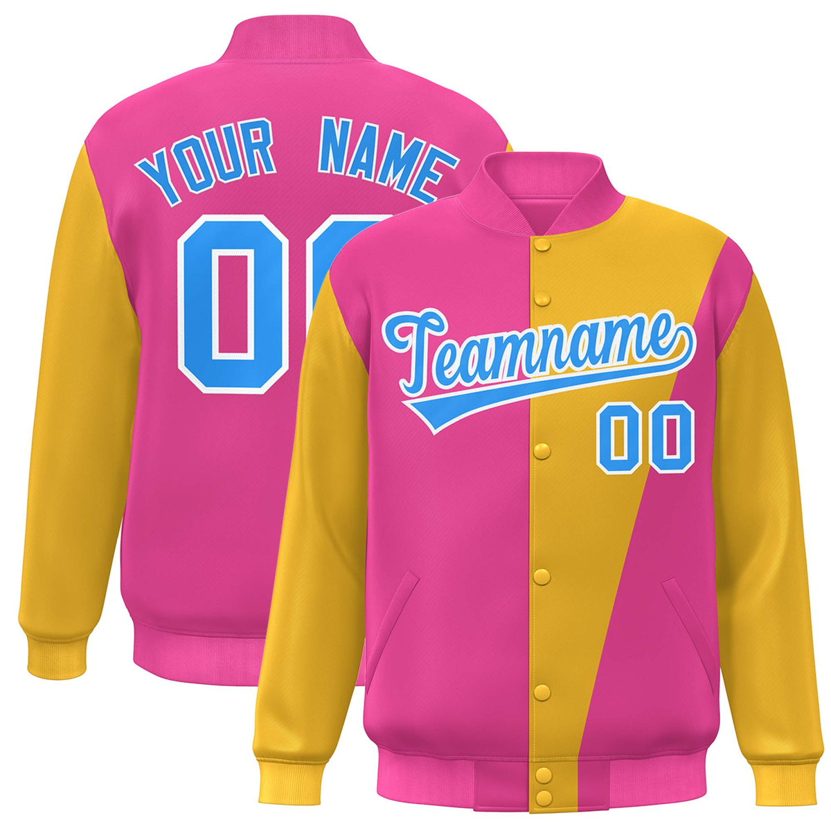 Custom Pink Yellow-Powder Blue Color Block Varsity Full-Snap Bomber Jacket