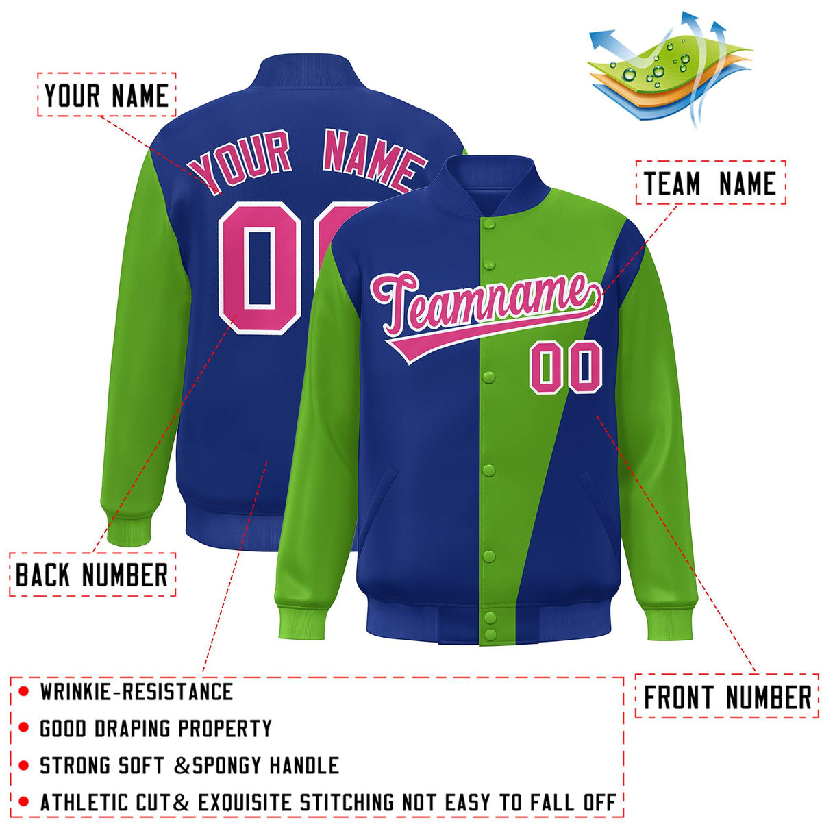 Custom Royal Green-Pink Color Block Varsity Full-Snap Bomber Jacket