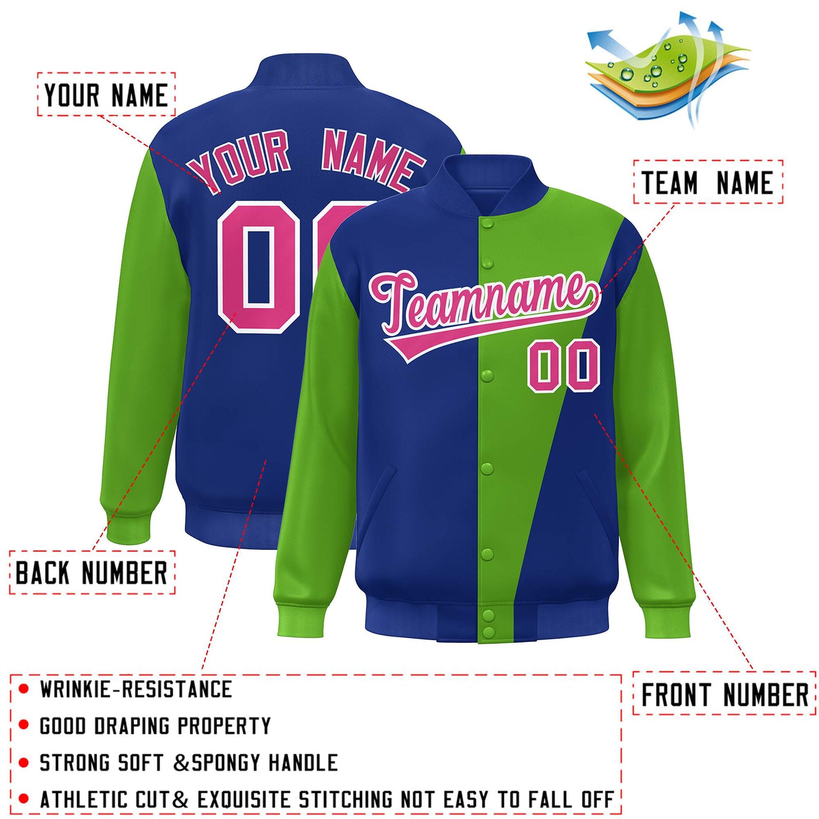 Custom Royal Green-Pink Color Block Varsity Full-Snap Bomber Jacket