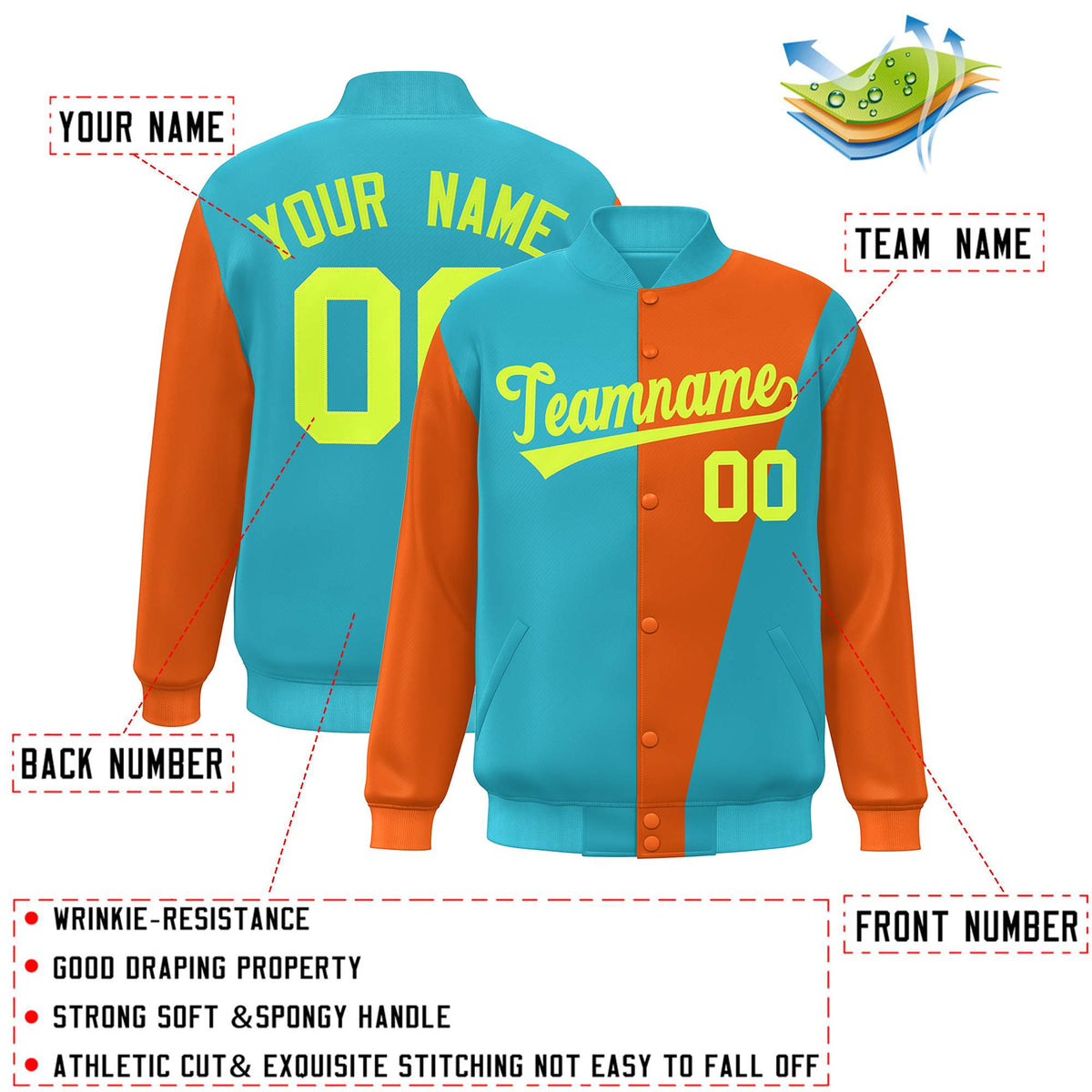 Custom Aqua Orange-Neon Green Color Block Varsity Full-Snap Bomber Jacket