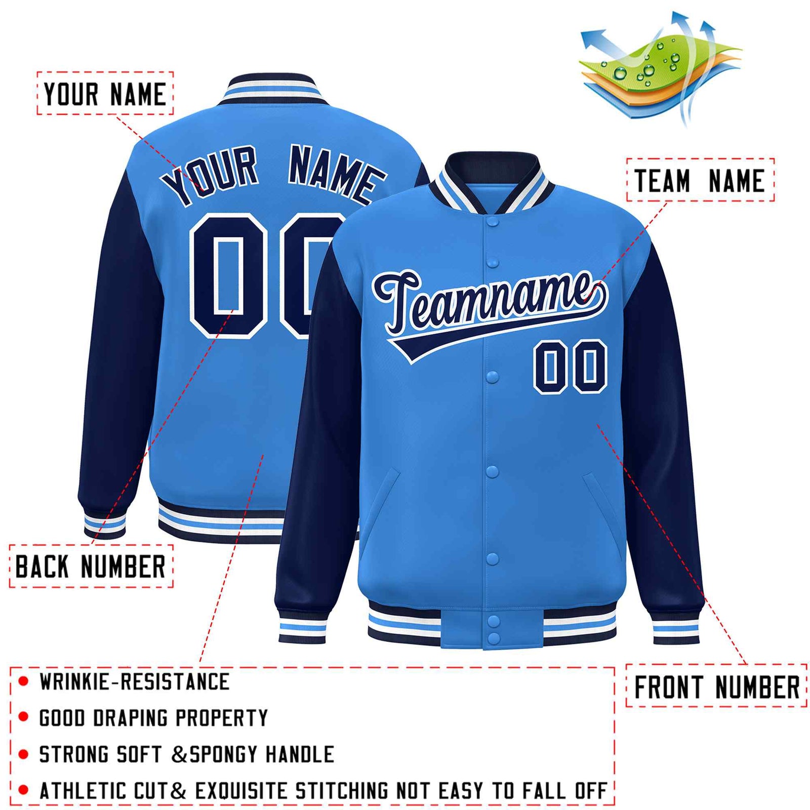 Custom Powder Blue Navy-White Raglan Sleeves Varsity Full-Snap Letterman Jacket