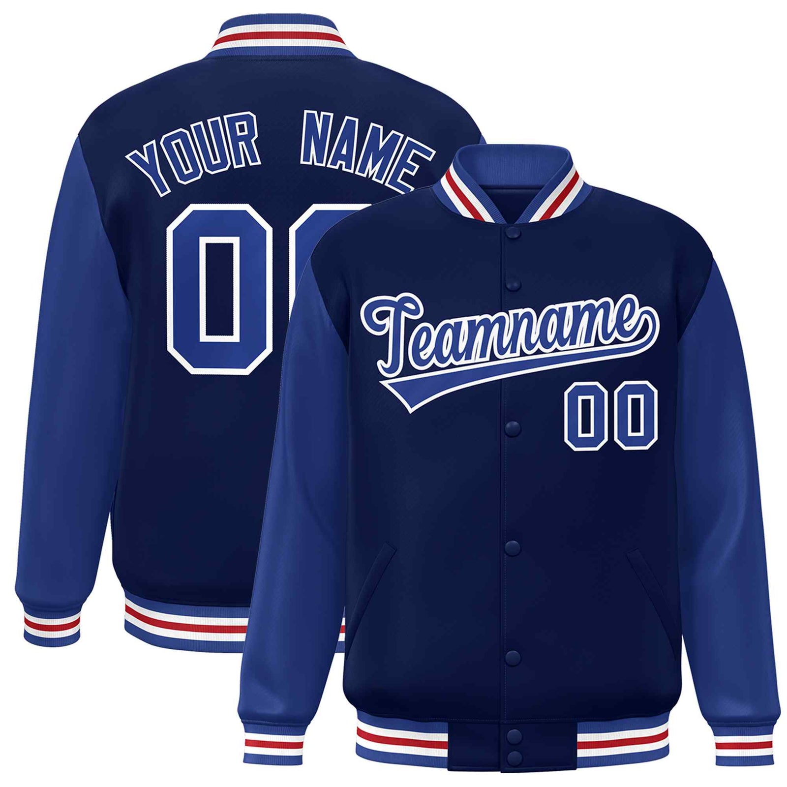 Custom Navy Royal-White Raglan Sleeves Varsity Full-Snap Letterman Jacket