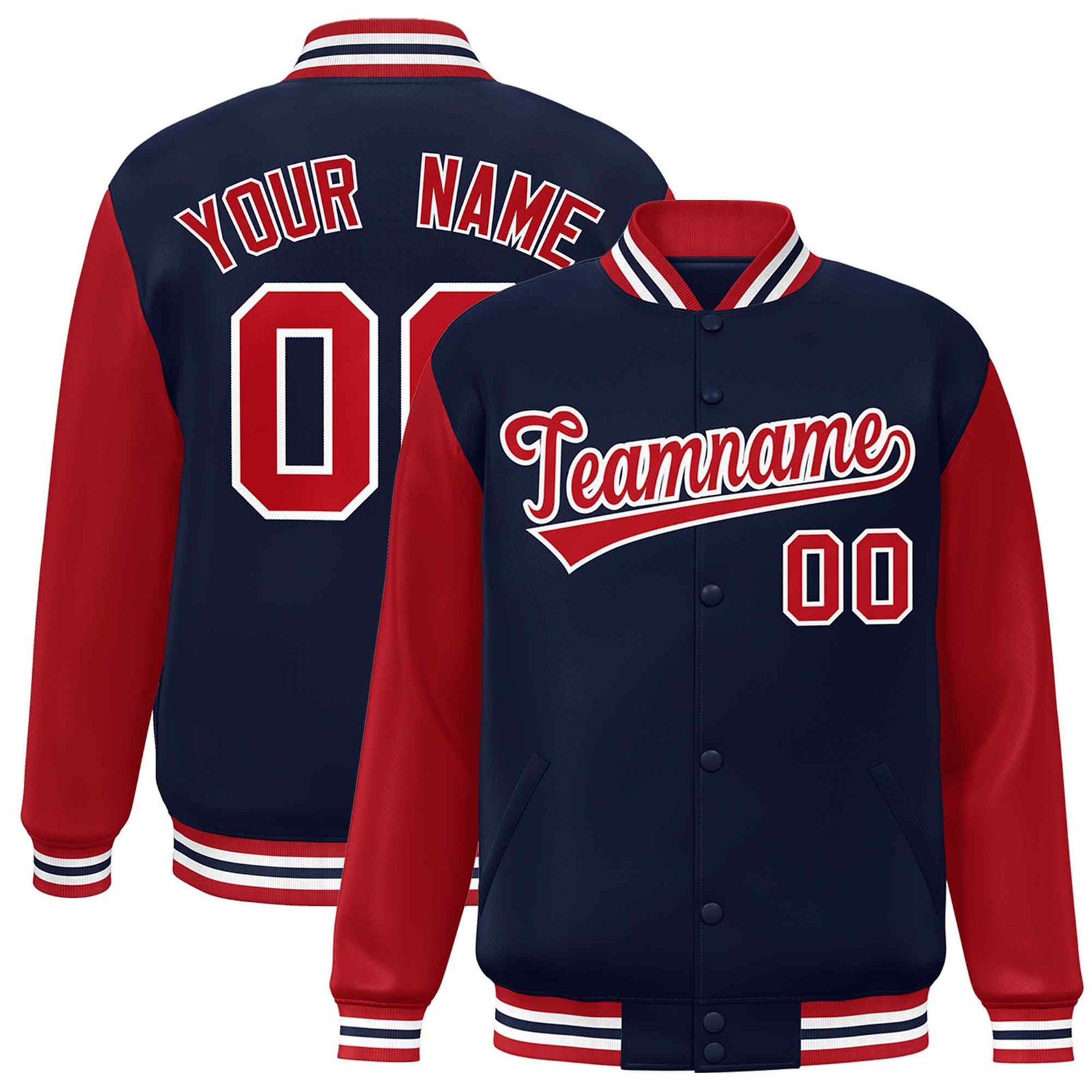 Custom Navy Red-White Raglan Sleeves Varsity Full-Snap Letterman Jacket