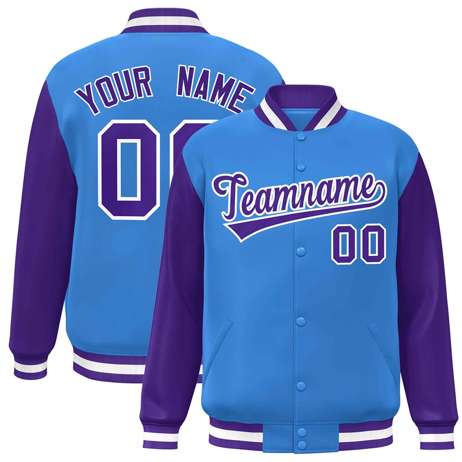 Custom Powder Blue Purple-White Raglan Sleeves Varsity Full-Snap Letterman Jacket
