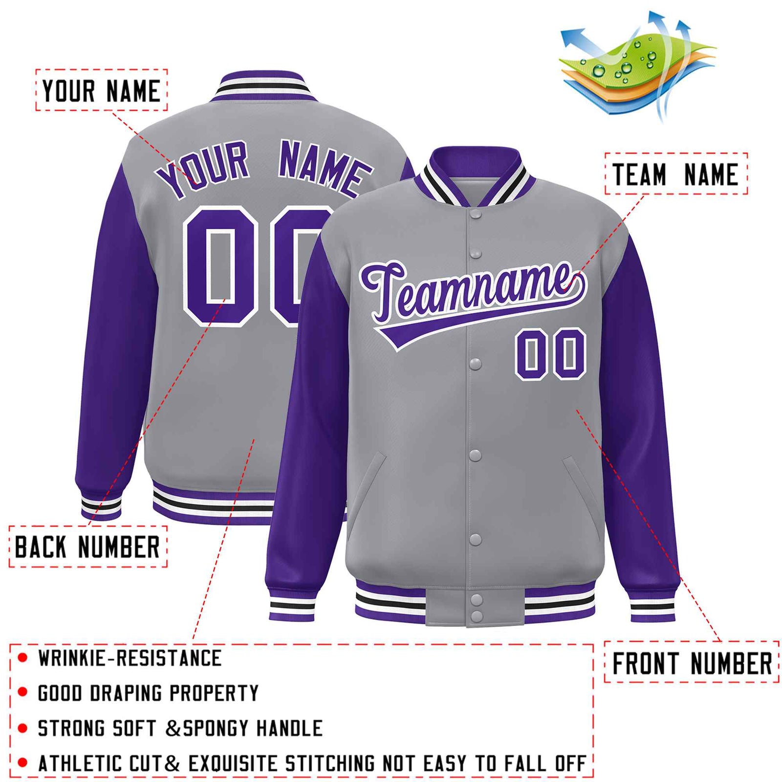 Custom Gray Purple-White Raglan Sleeves Varsity Full-Snap Letterman Jacket