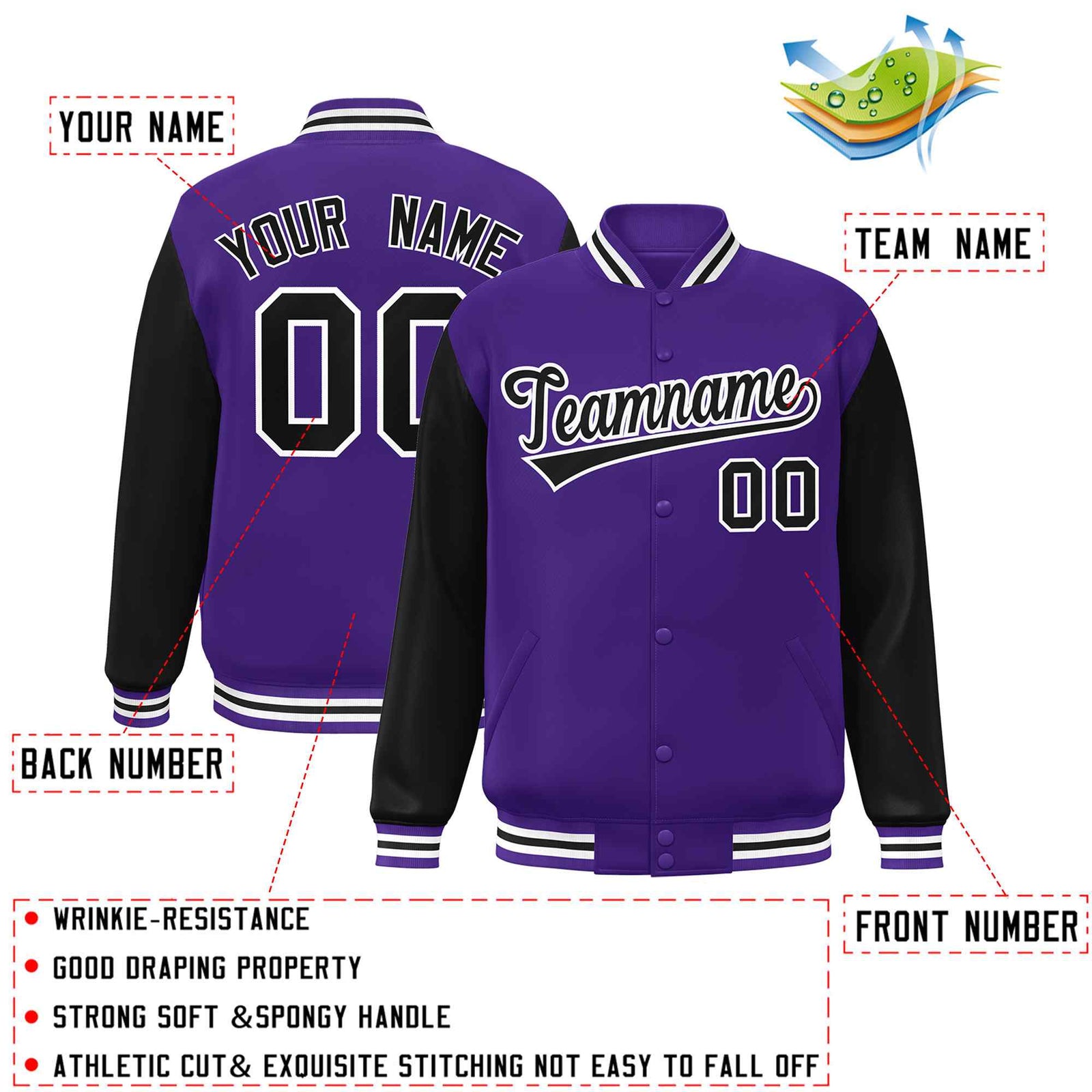 Custom Purple Black-White Raglan Sleeves Varsity Full-Snap Letterman Jacket