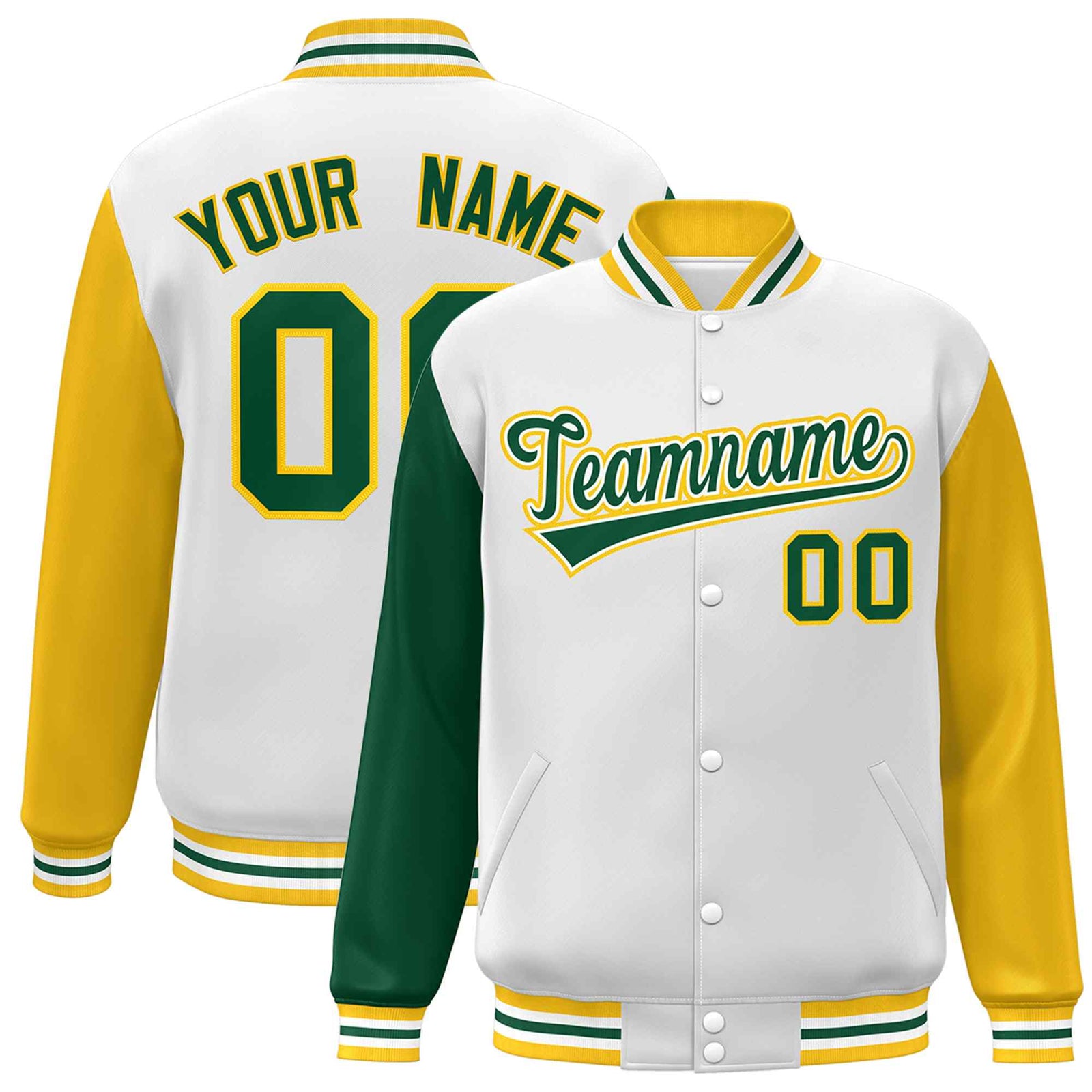 Custom White Green-White Raglan Sleeves Varsity Full-Snap Letterman Jacket