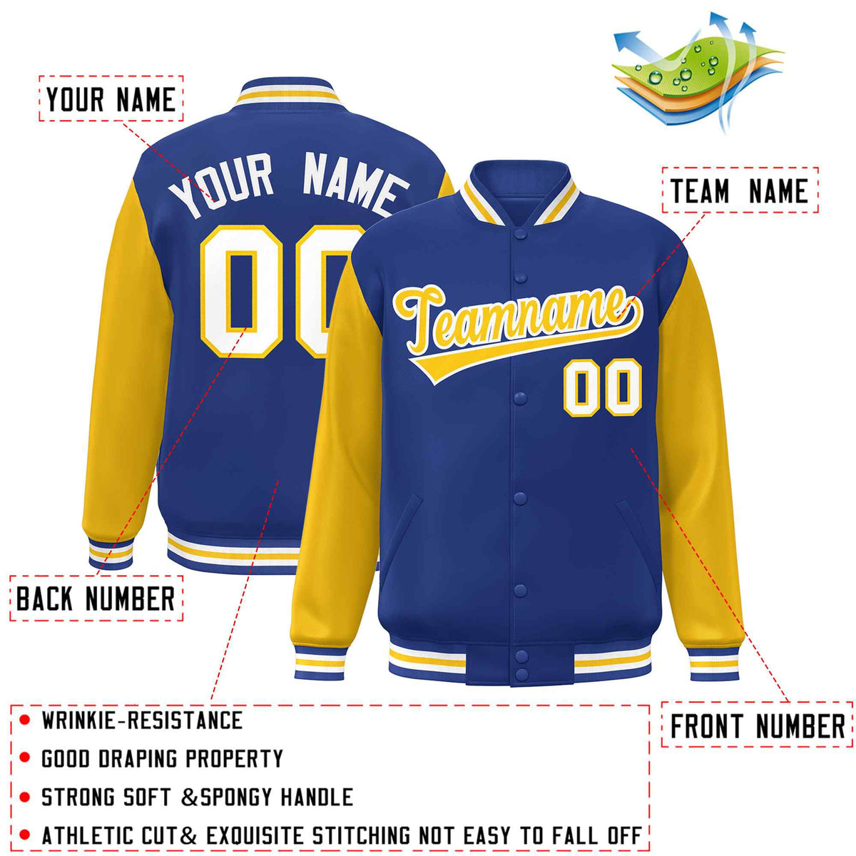 Custom Royal Gold-White Raglan Sleeves Varsity Full-Snap Letterman Jacket