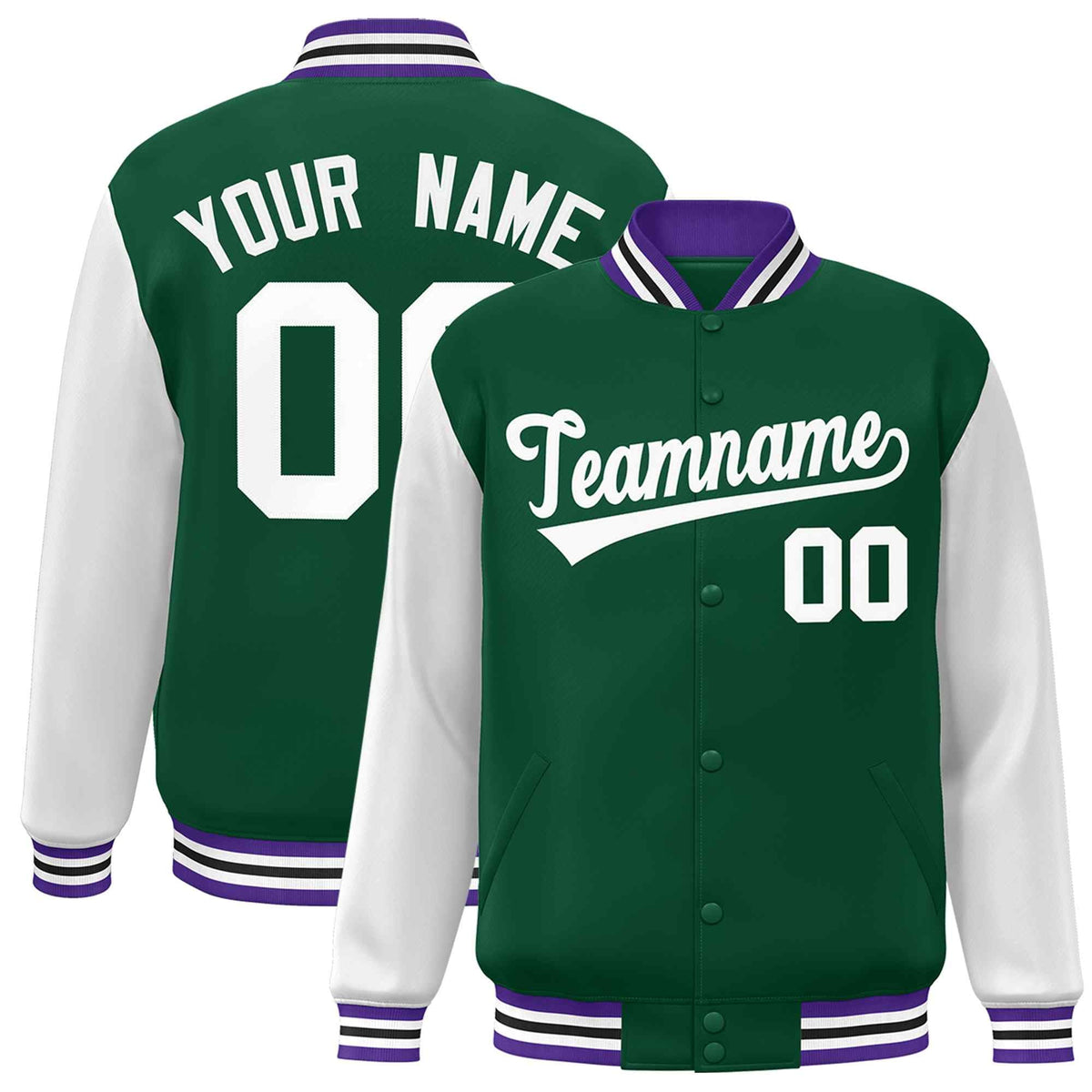 green and white long sleeve varsity full-snap baseball jacket