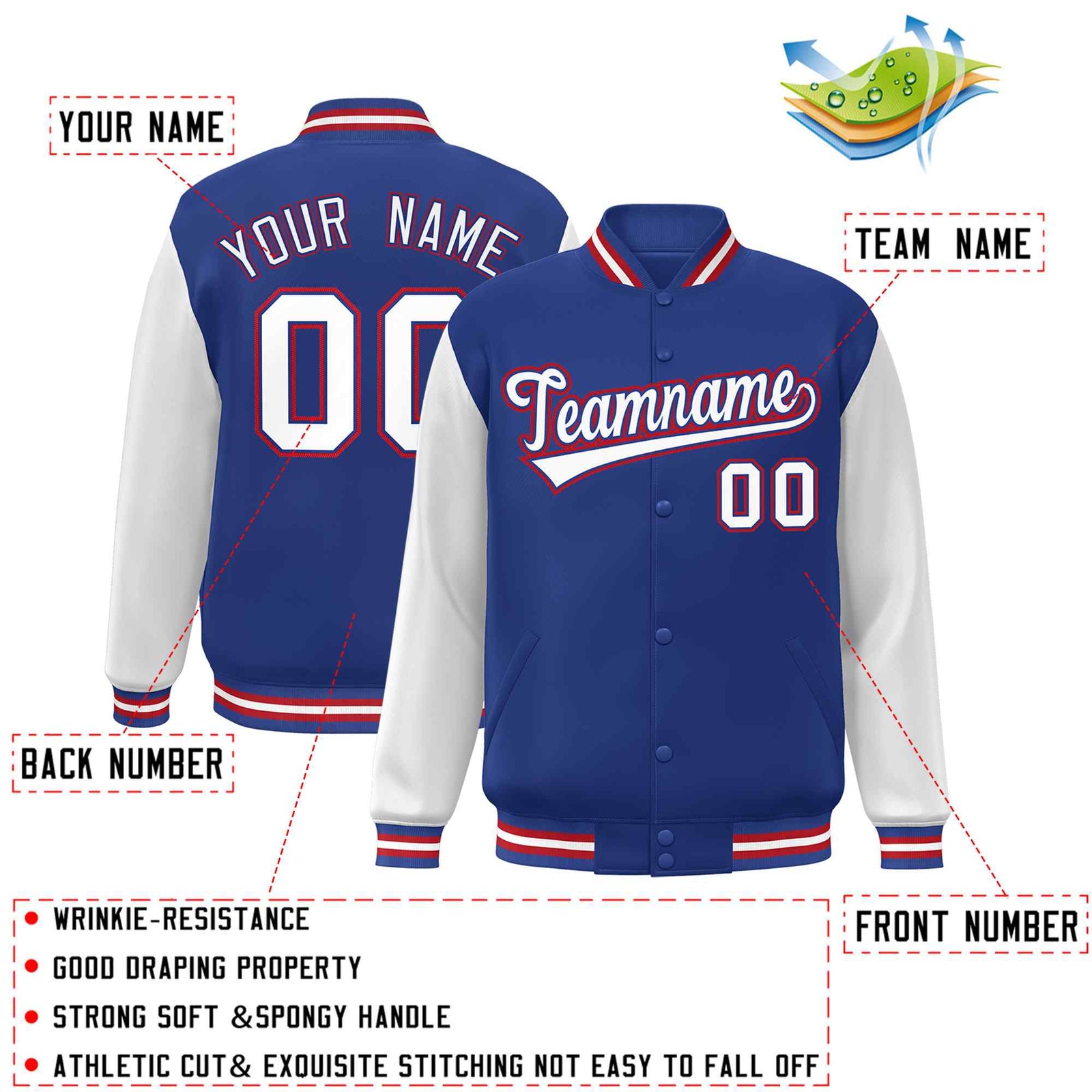 Custom Royal White-Royal Raglan Sleeves Varsity Full-Snap Letterman Jacket