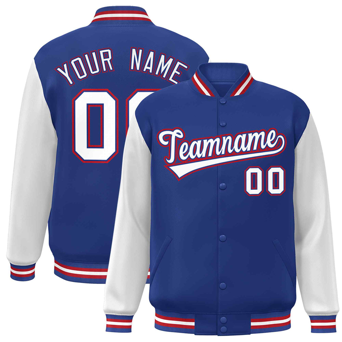 Custom Royal White-Royal Raglan Sleeves Varsity Full-Snap Letterman Jacket