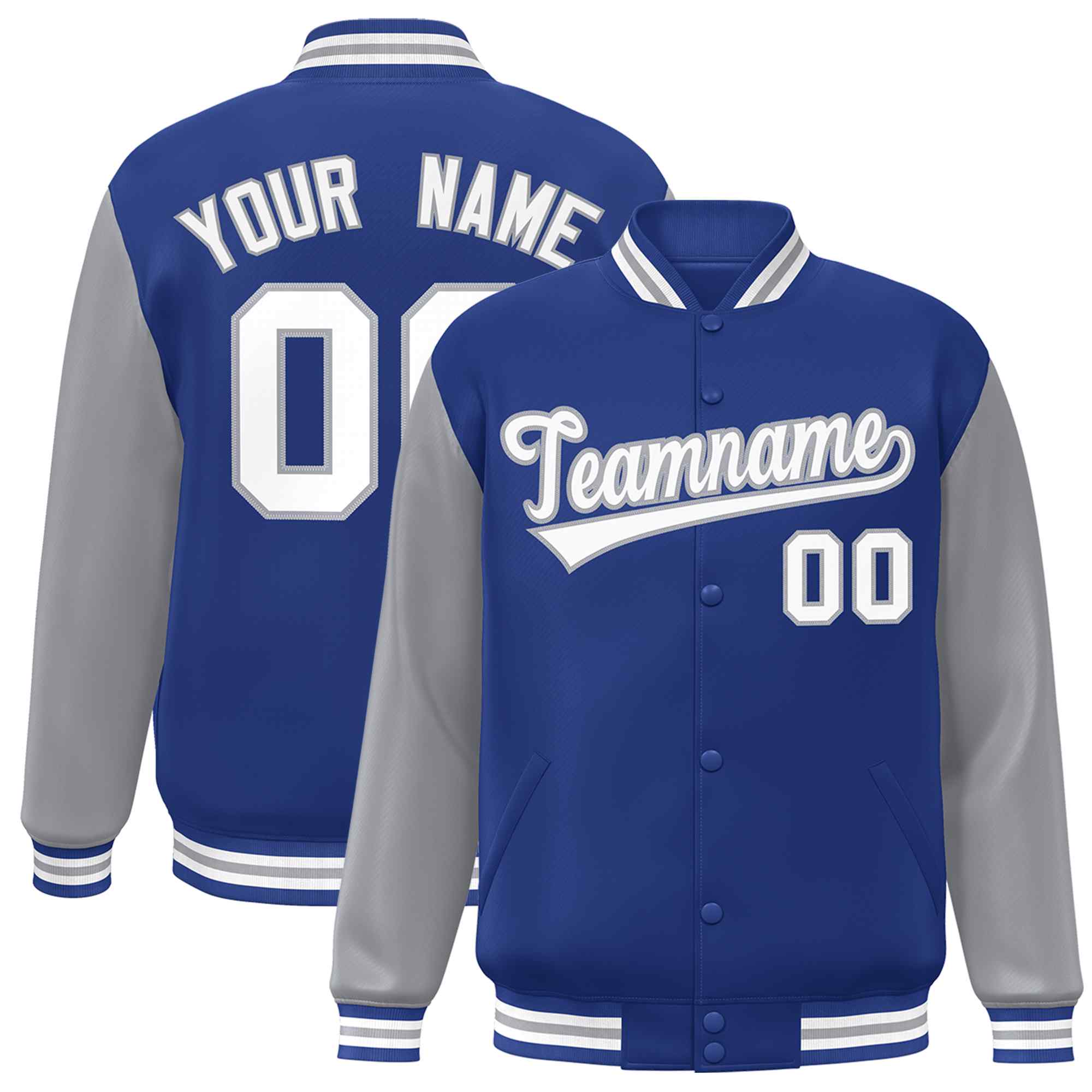 Custom Royal White-Gray Raglan Sleeves Varsity Full-Snap Letterman Jacket