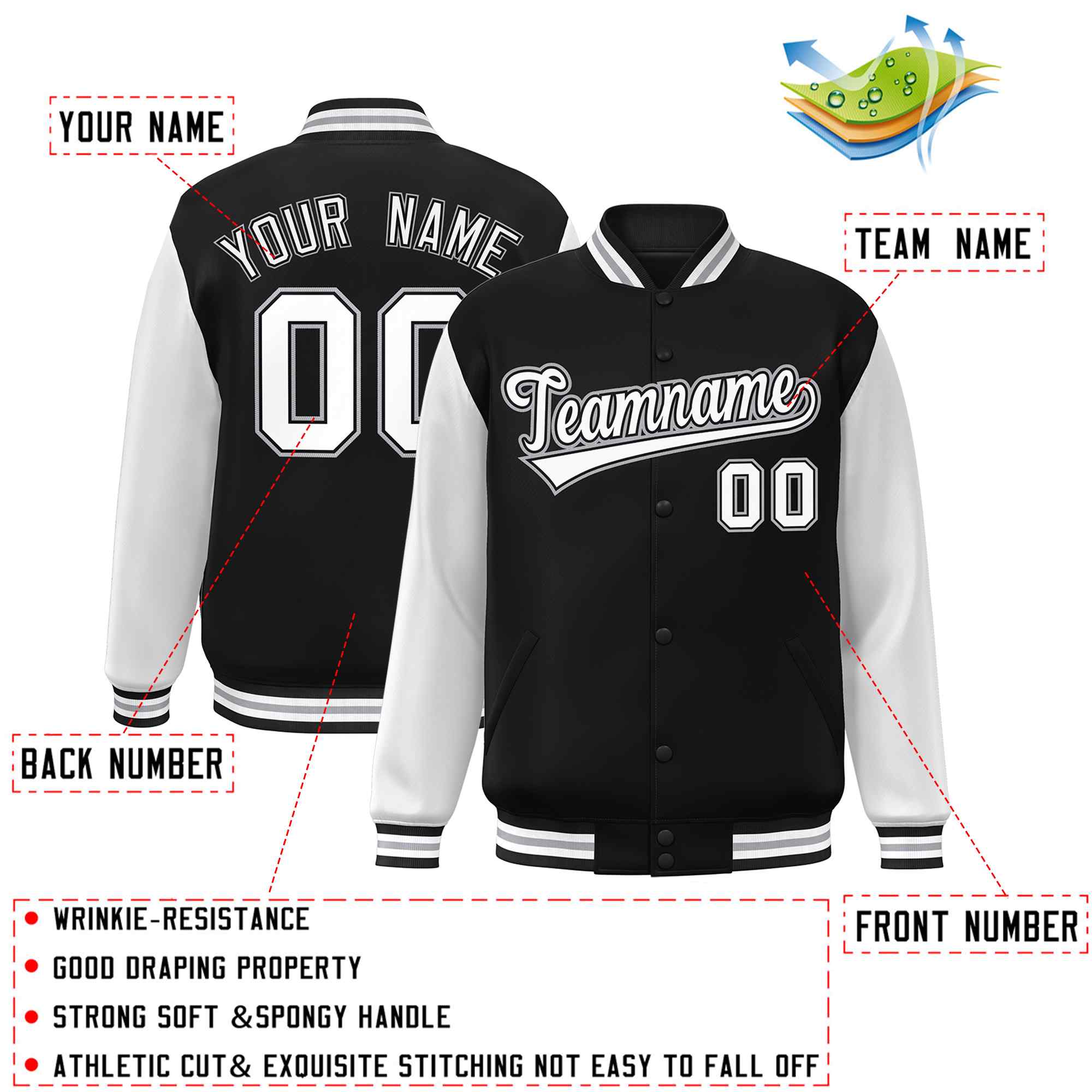Custom Black White-Black Raglan Sleeves Varsity Full-Snap Letterman Jacket